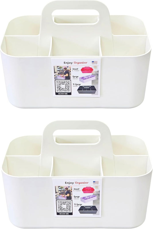 2 Pack Small 6 Compartment Multiuse Caddy Organizer with Handle Art Craft Supplies, Office, Desk, Stationery Pen Holder Stackable- Made In USA (Ivory)