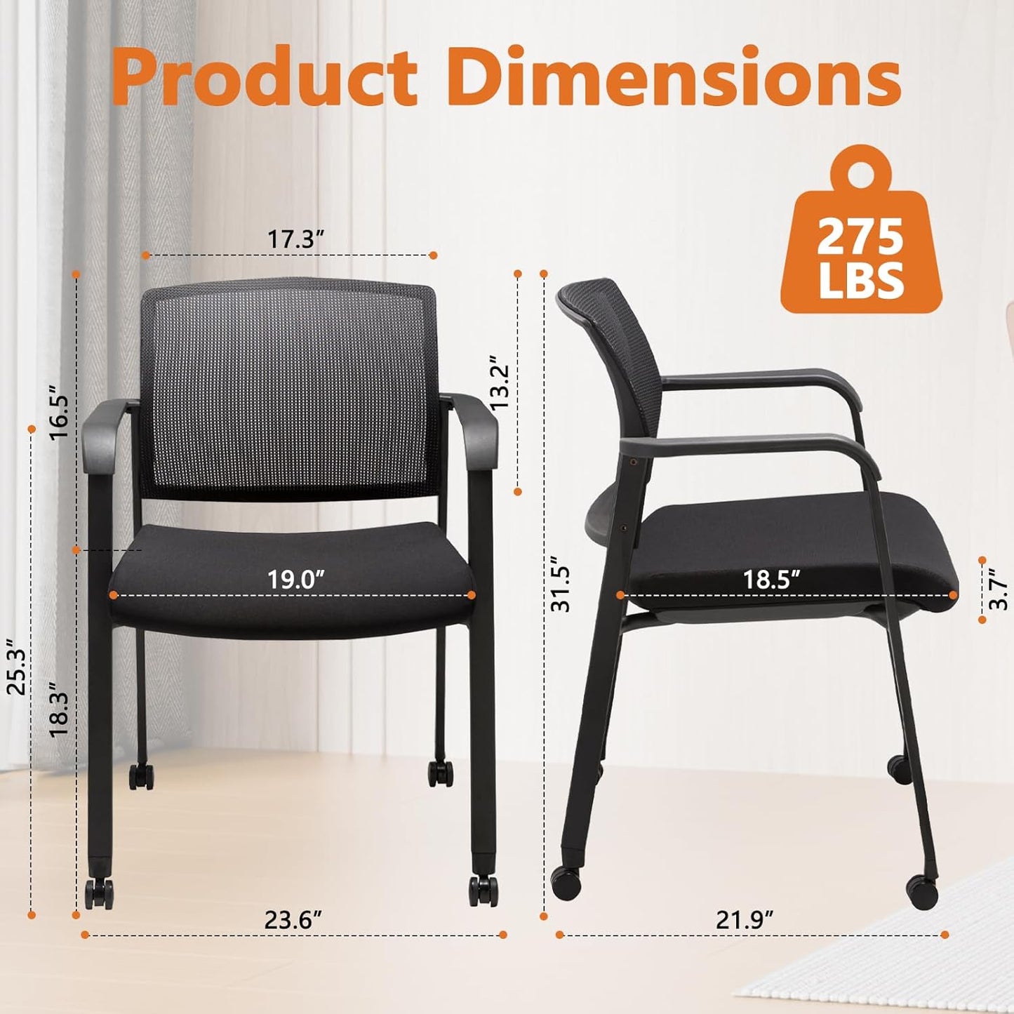 CLATINA Black Waiting Room Chair with Wheels Mesh Back Stacking Arm Chairs with Upholstered Fabric Seat and Ergonomic Lumbar Support for Office School Church Guest Reception
