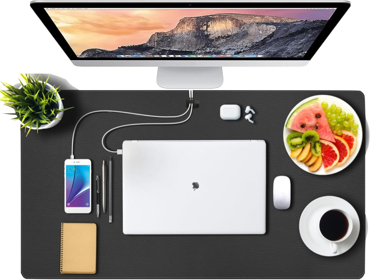 Leather Desk Mat for Keyboard and Mouse, Office Desk Mat Cable Organizer, Black 13.8" x 23.6"