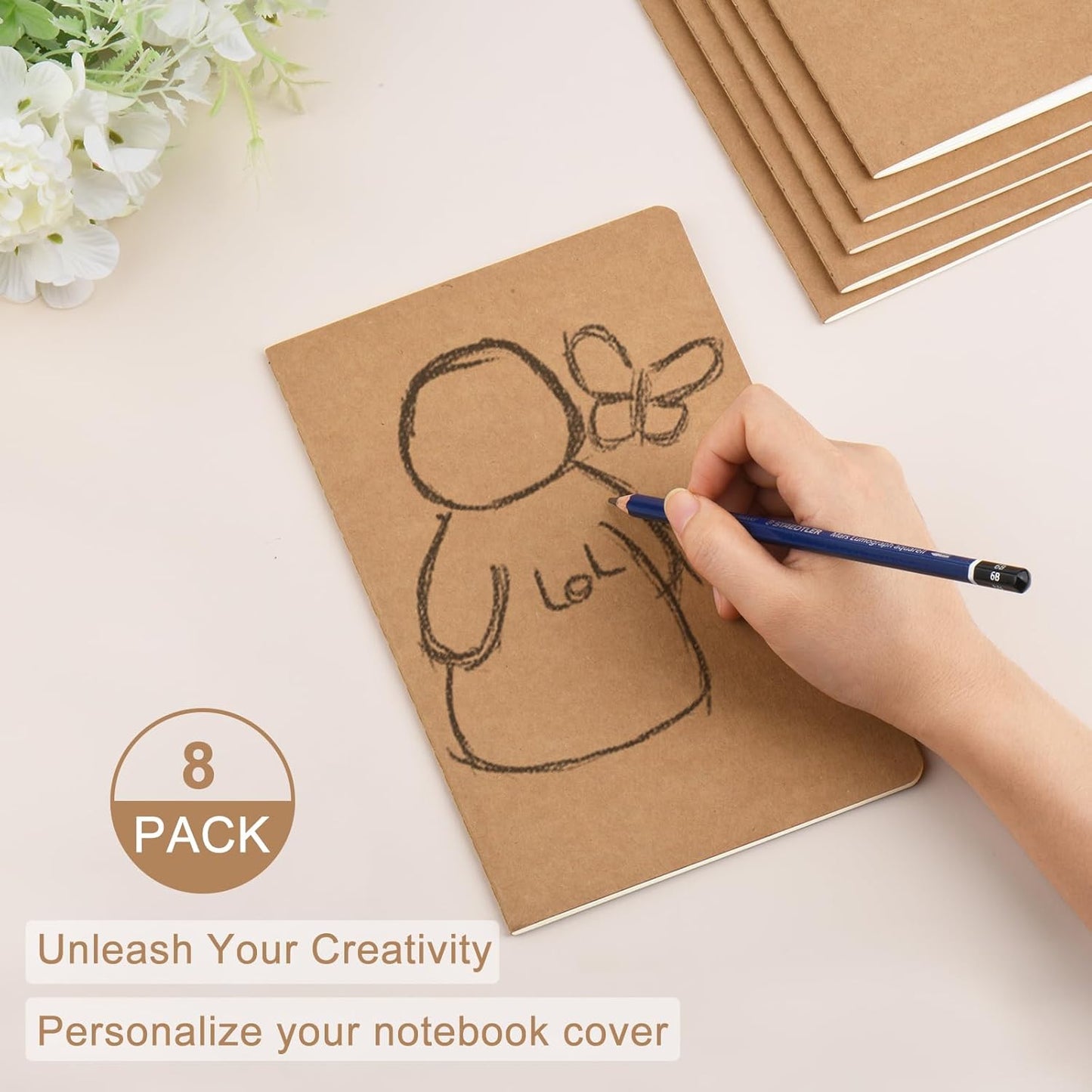 ZCZN 8 Pack A5 Kraft Notebooks Bulk, 8.15x5.5 Inches Blank Journaling Notebooks, Notebooks for Work, Composition Notebooks for School, Journal notebooks for kids, 60 Pages