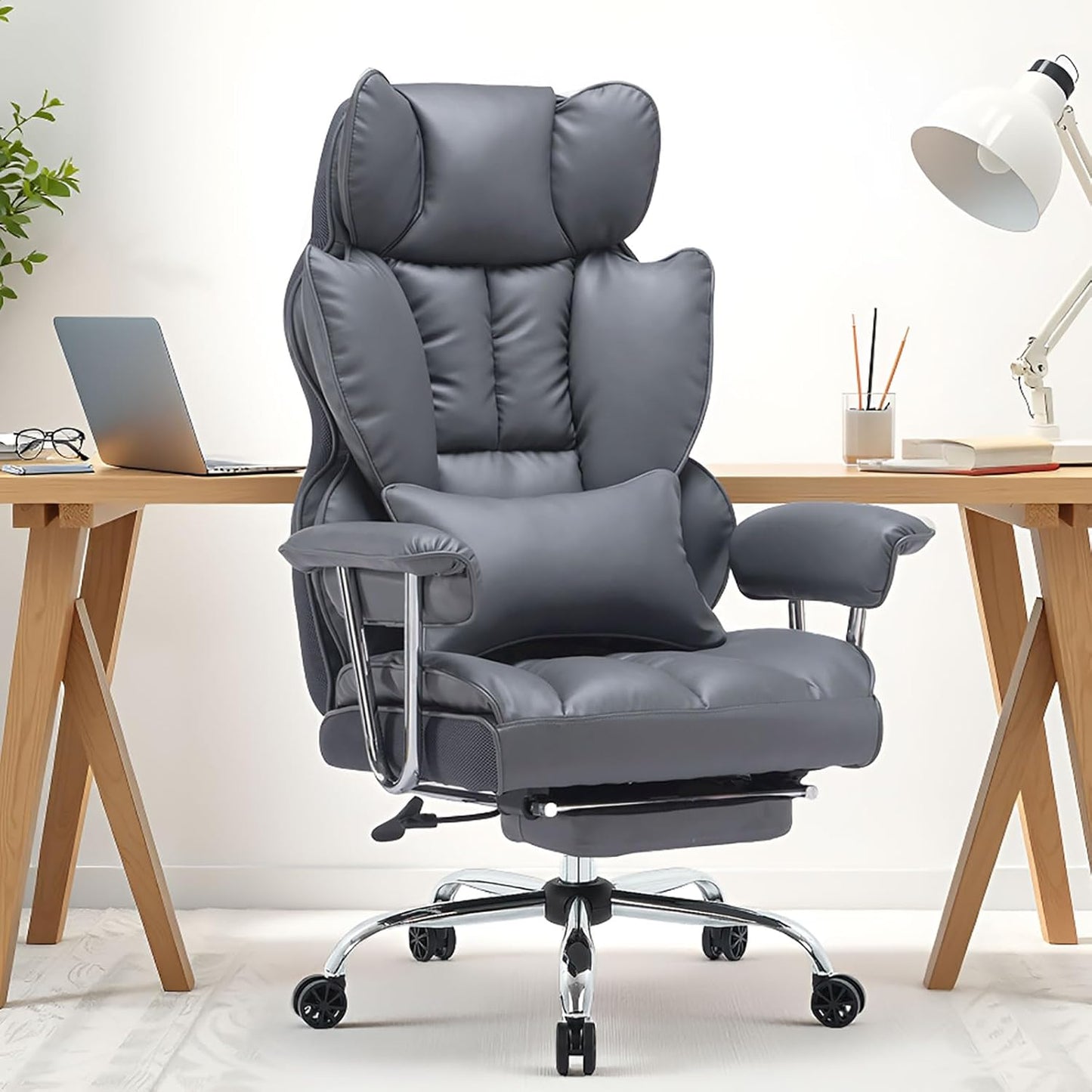 Efomao Big and Tall Office Chair with Footrest, 400LBS PU Leather High Back Executive Office Chair with Lumbar Support, Wide Computer Chair for Home Office, Dark Grey