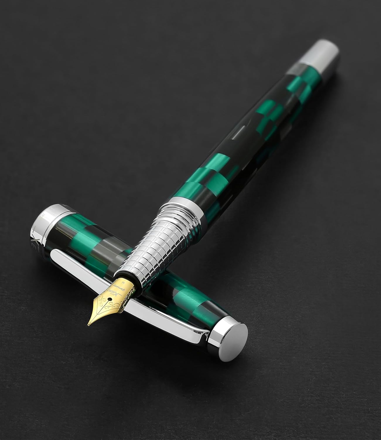 Xezo Urbanite II Fountain Pen, Medium Nib. Ocean Teal and Black Color with Chrome Plating. Handcrafted, Limited Edition, Serialized