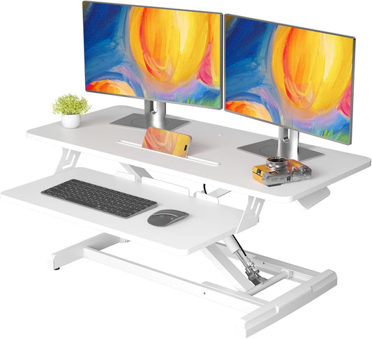 JOY worker Standing Desk Converter, 35" Wide Height Adjustable Sit Stand Up Desk Riser with Keyboard Tray, Desktop Workstation Riser for Home Office Computer Laptop, Particle Board, White