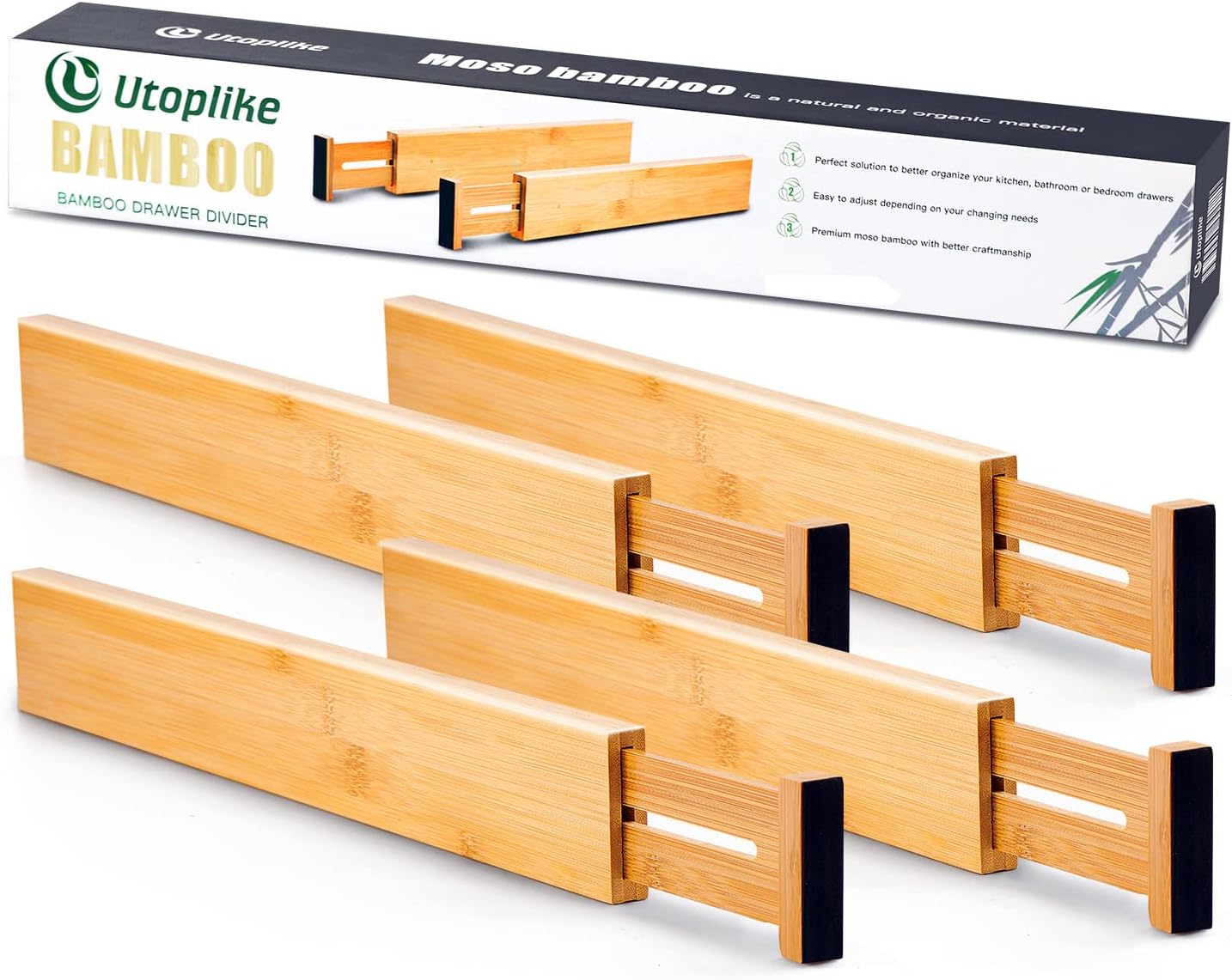 Utoplike 4 pcs Bamboo Kitchen Drawer Dividers Large, Adjustable Drawer Organizers, Spring Loaded, Works in Kitchen, Dresser, Bathroom, Bedroom, Drawer, Desk