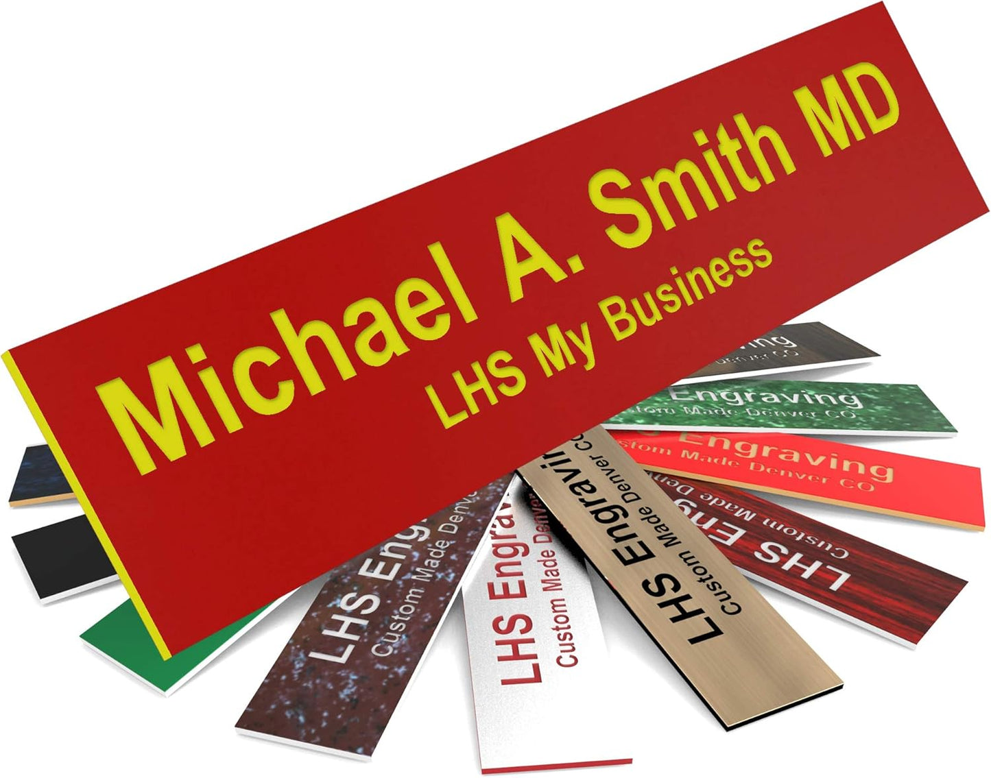 Door Name Plate Personalized for Office Red Plastic Name Plate with Yellow Letters - Made in USA 2x12 B22