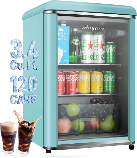 3.4 Cu.Ft Retro Small Beverage Refrigerator Cooler with Double Tempered Glass Door, 120 Can Wine Drink Beer Mini Fridge for Office Bedroom Bar with 7 Temperatures, Adjustable Shelves, Blue