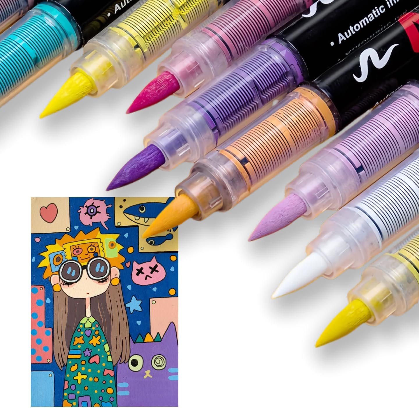 Acrylic Paint Markers, 24 Colors Acrylic Paint Pens with Soft Brush Tip, Auto Ink Control System, Fast-Drying High Coverage for Rock, Canvas, Wood, Ceramic, Plastic & DIY Crafts Art Supplies