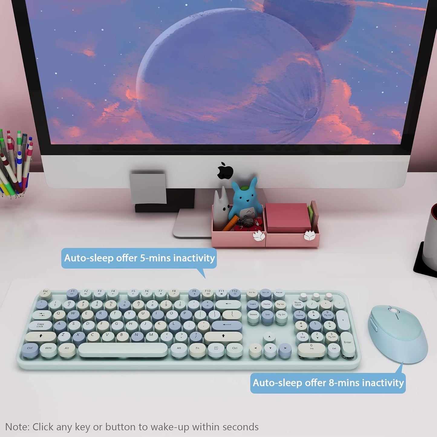 Wireless Keyboard and Mice Combo,Retro Round Keys Full-Sized Cute Keyboard, 2.4Ghz Dropout-Free Connection and Optical Mouse for Windows, Mac, PC, Laptop, Desktop (Blue-Colorful)