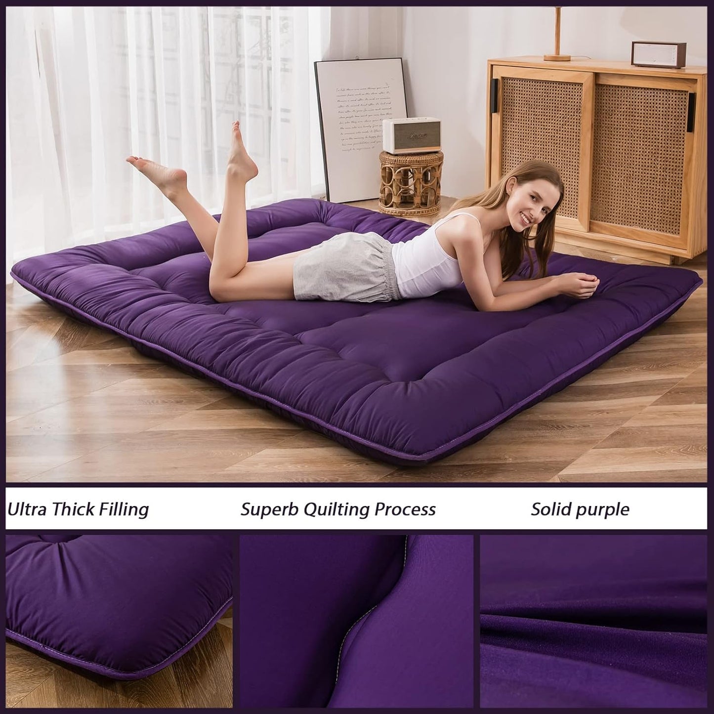 MAXYOYO Japanese Floor Futon Mattress, Roll Up Floor Mattress for Adults Foldable Tatami Mat Sleeping Pad Dormitory Bed Lounger, Purple, Twin Size