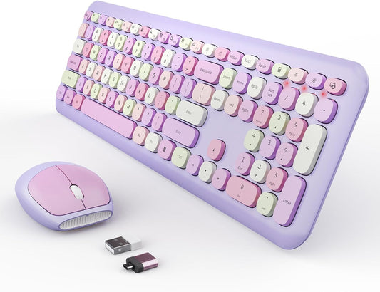 Wireless Keyboard and Mouse Combo, Colorful Ergonomic Full Size Retro Low-Noise Keyboard with Cute keycaps, Compatible with Windows, PC, Perfer for Home and Office Keyboards (Purple)