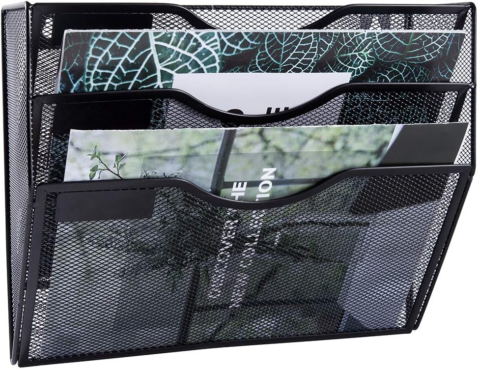 EASEPRES 3 Pocket Mesh Hanging Wall File Organizer, Wall Mounted Mail Paper Document Folder Holder, Clipboard Storage Organization Magazine Rack with Nametag Label for Office Home School, Black