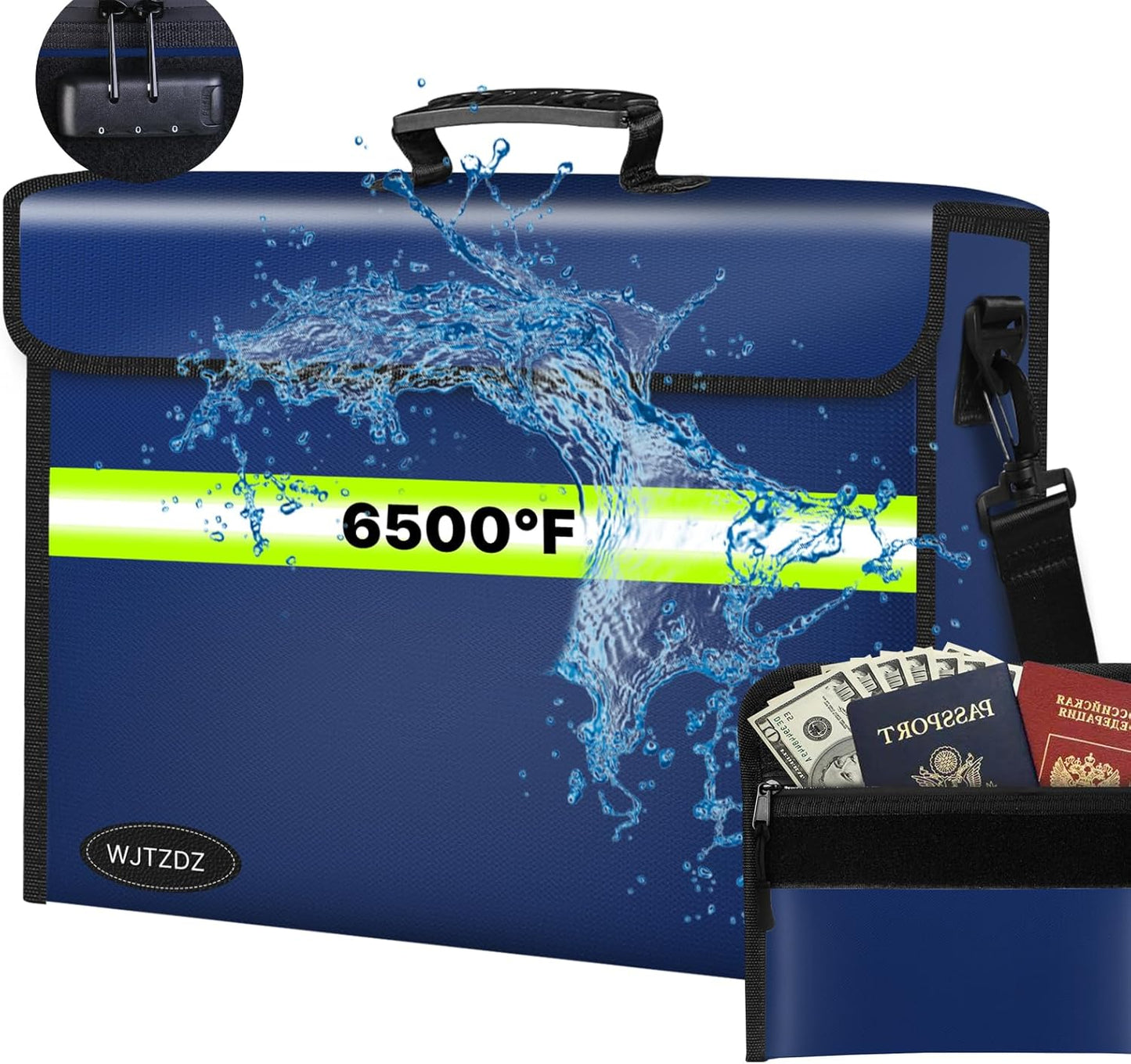 Fireproof Money Bags with Lock-6500°F Fireproof Document Box,10 Layers Insulation Materials&Waterproof Zipper,Removable Folder Layers/Wallet,Reflective Strip for Cash,Valuables(14.2”x 9.6”x 4.1”)