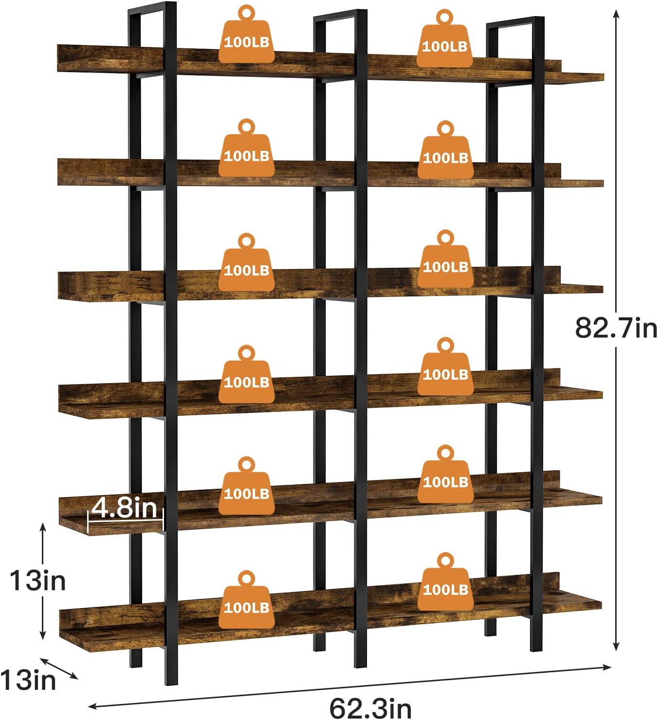 FRAPOW 83Inch Industrial Bookshelf and Bookcase, Double Wide 6 Tier Large Vintage Book Shelf with Metal Frame Open Bookshelves for Living Room Home Office