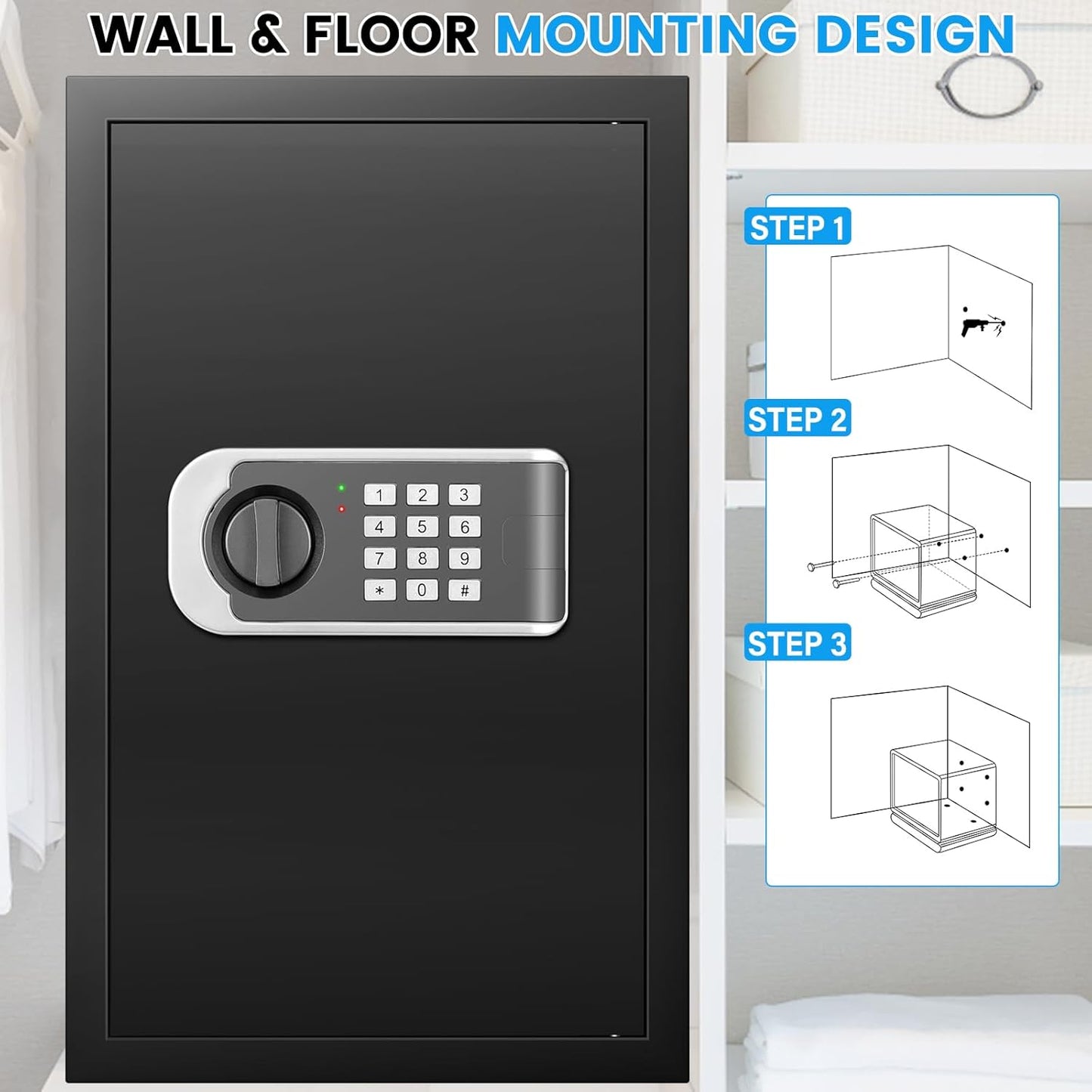 4.3 Cuft Large Home Safe, Safe Box with Fireproof Waterproof Bag, Anti-theft Digital safety Box with Programmable Keypad Keys, Smart Alert, Mute Mode, Security Safes for Documents Valuables