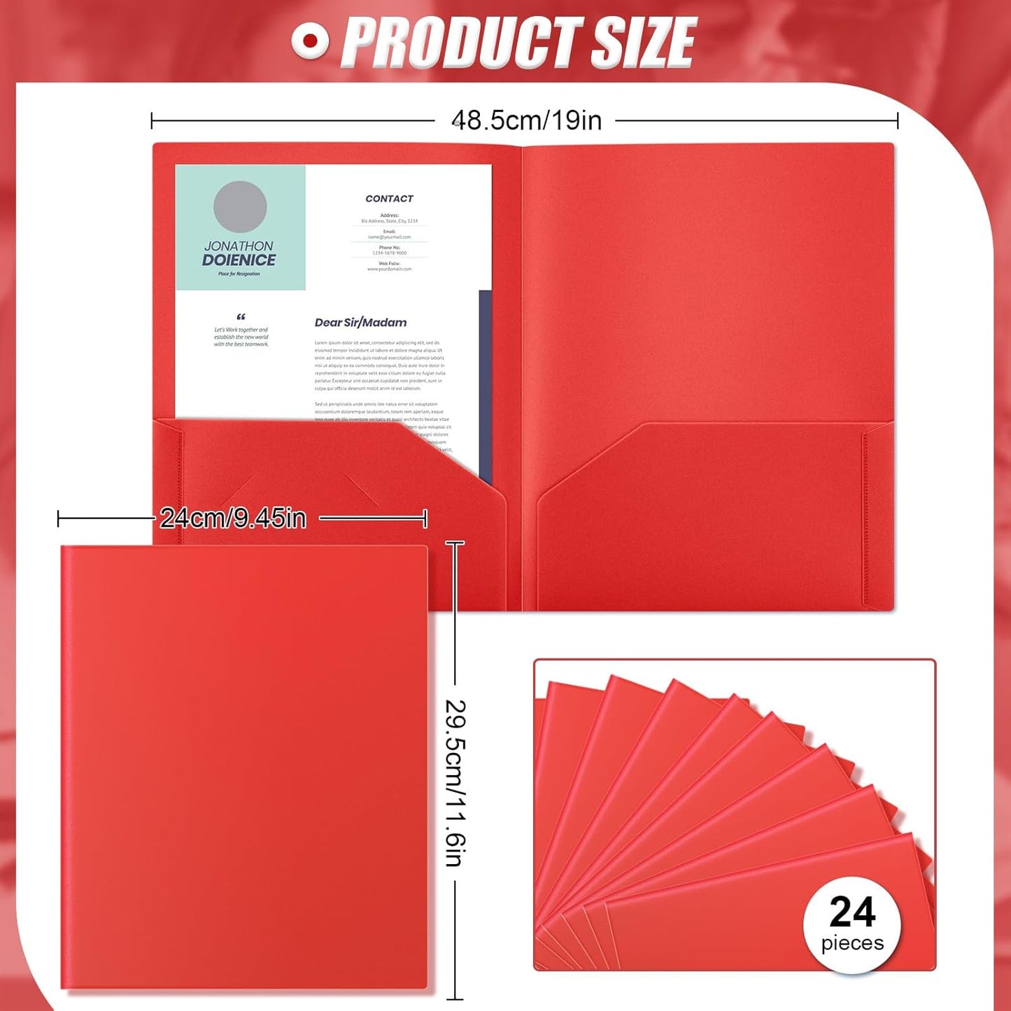 Gueevin 24 Pcs Plastic Folders with Pockets, Back to School Two Pocket Folder Fit Letter Size, Heavy Duty School Business Card Holder for Home Office, 11. 61 x 9. 45 Inches (Red)