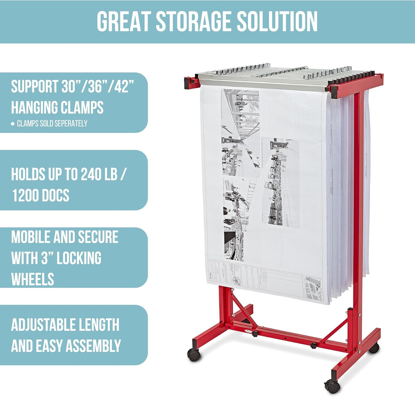 Adir Mobile Blueprint Storage Rack - Adjustable Mobile Blueprint Holder, Vertical Architect Drawing Rack with Wheels, Poster Display, Construction Plans Holder (Without Blueprint Clamps)