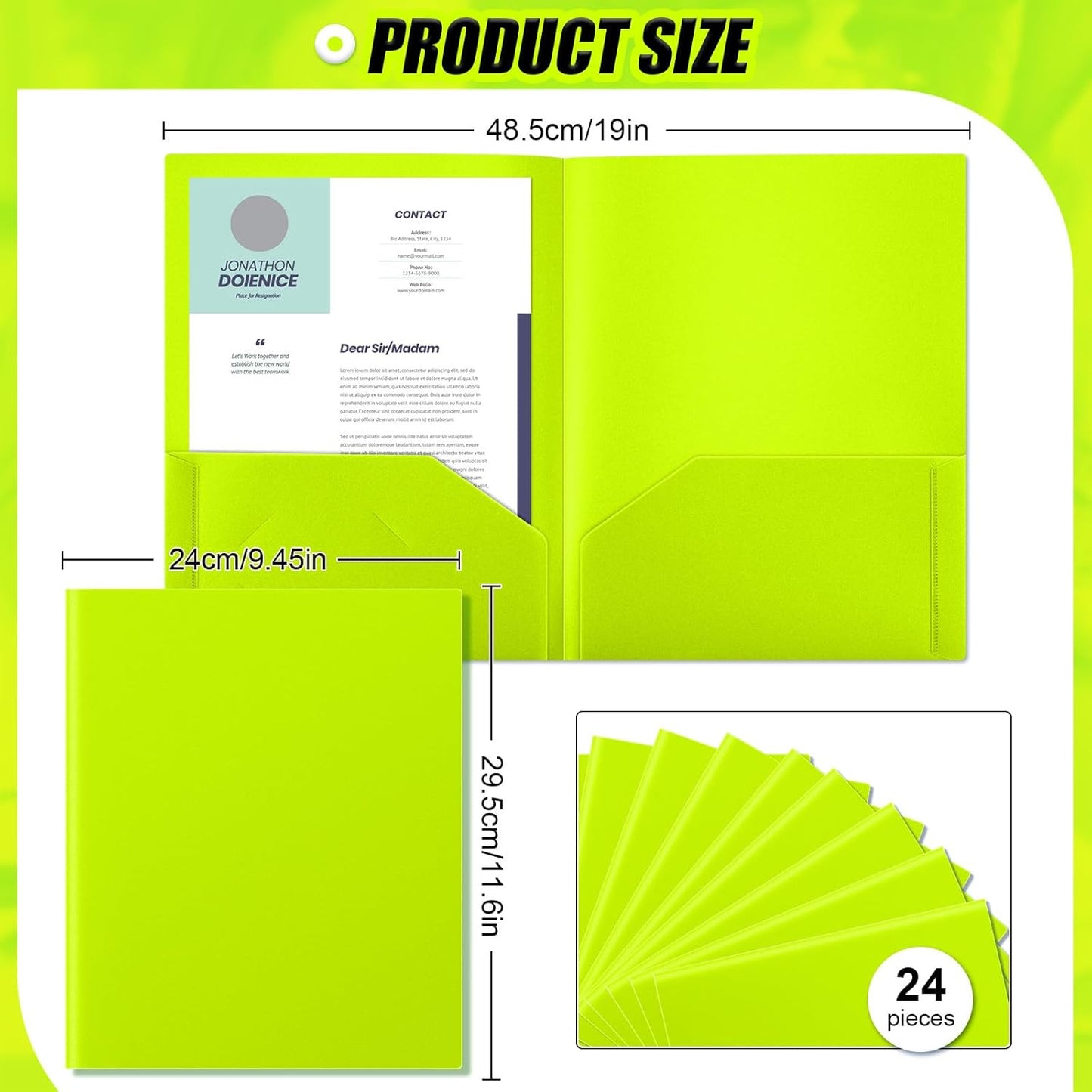 Gueevin 24 Pcs Plastic Folders with Pockets, Back to School Two Pocket Folder Fit Letter Size, Heavy Duty School Business Card Holder for Home Office, 11. 61 x 9. 45 Inches (Fluorescent Green)