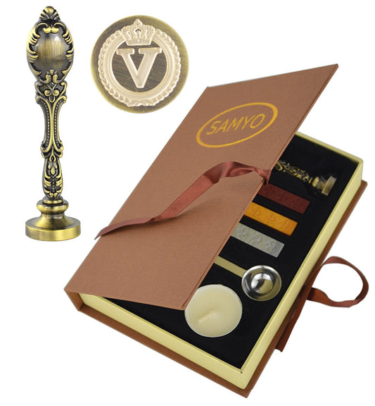 Samyo Creative Romantic Stamp Maker Classic Old-Fashioned Style Brass Color Wax Seal Sealing Stamp Vintage Antique Alphabet Initial Letter Set - (Letter V)