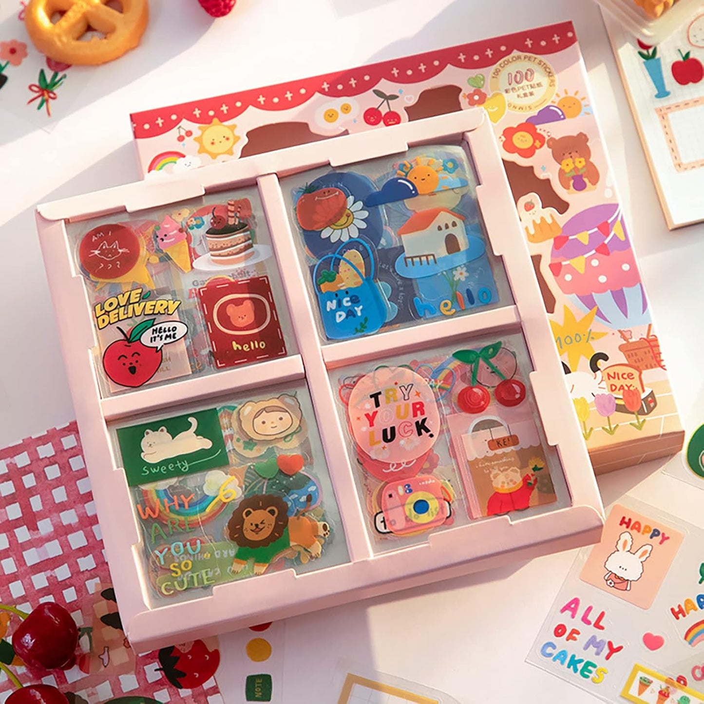 100 Sheets Kawaii Sticker Set, Doraking Cute Cartoon Stickers Transparent Decorative Stickers Decal Pack for Phone Cases Laptops Art DIY Crafts Album Bullet Journals Planner Scrapbook