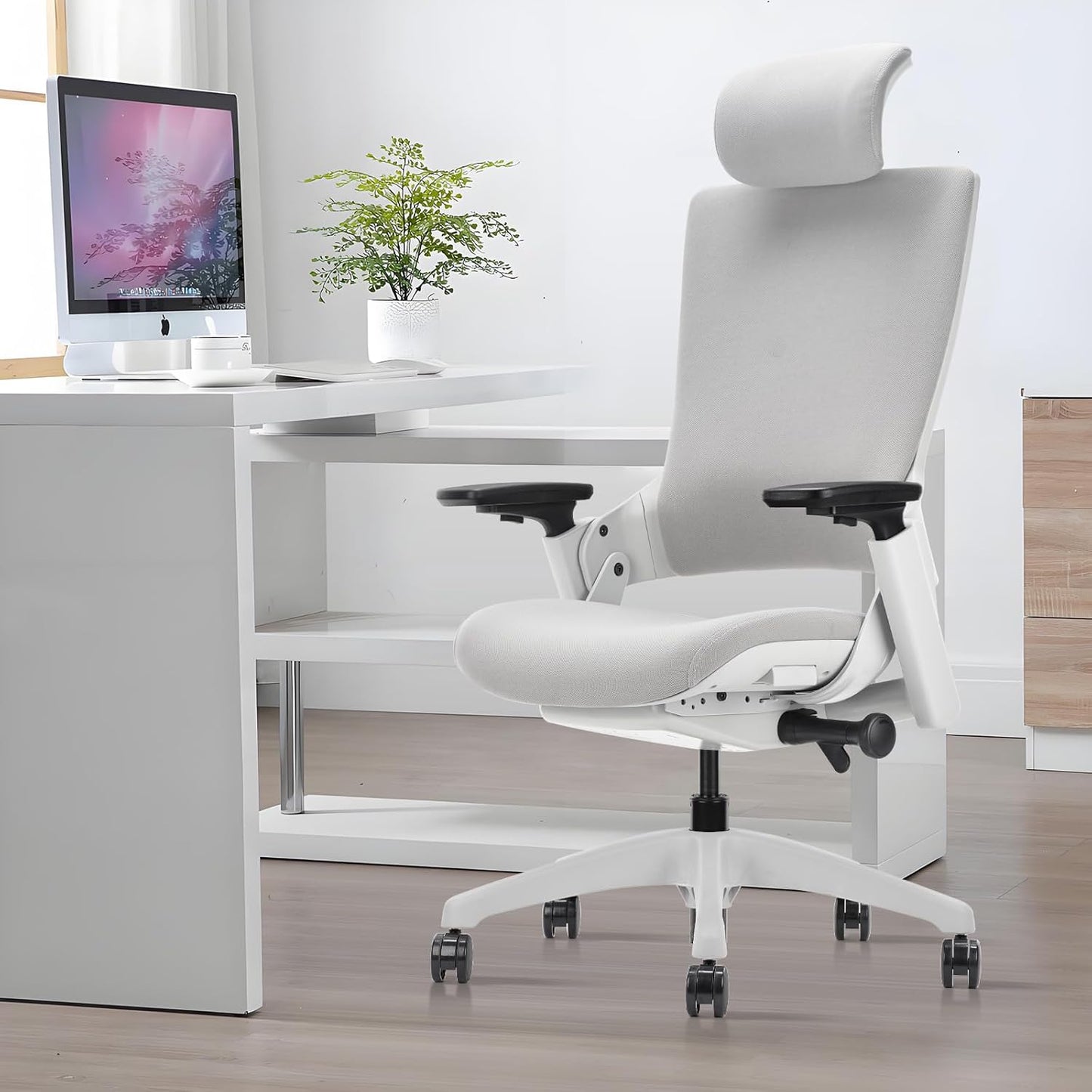 CLATINA Ergonomic High Swivel Executive Chair with Adjustable Height Head 3D Arm Rest Lumbar Support and Upholstered Back for Home Office Gray