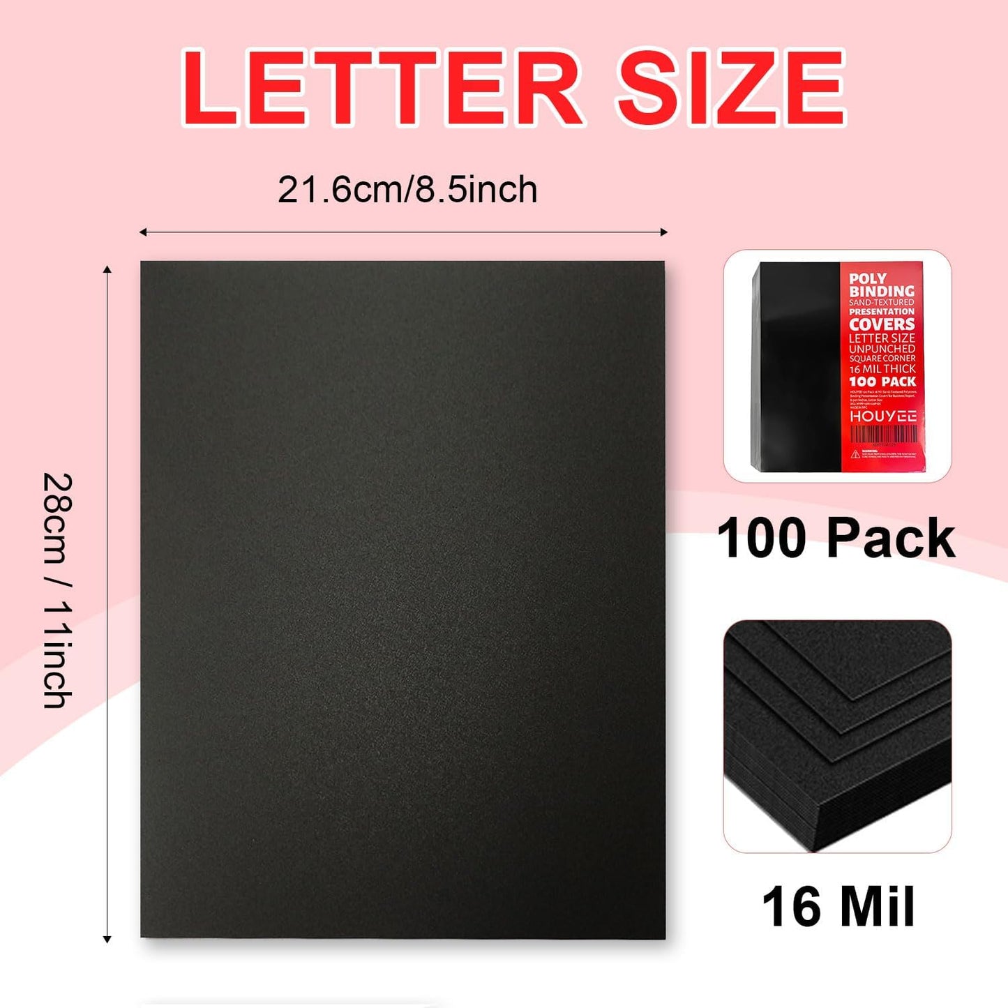 HOUYEE 100 Pack 16 Mil Poly Binding Covers,Sand Texture Binding Presentation Covers,8.5x11 Inches,Letter Size,Black,Square Corners,Un-Punched