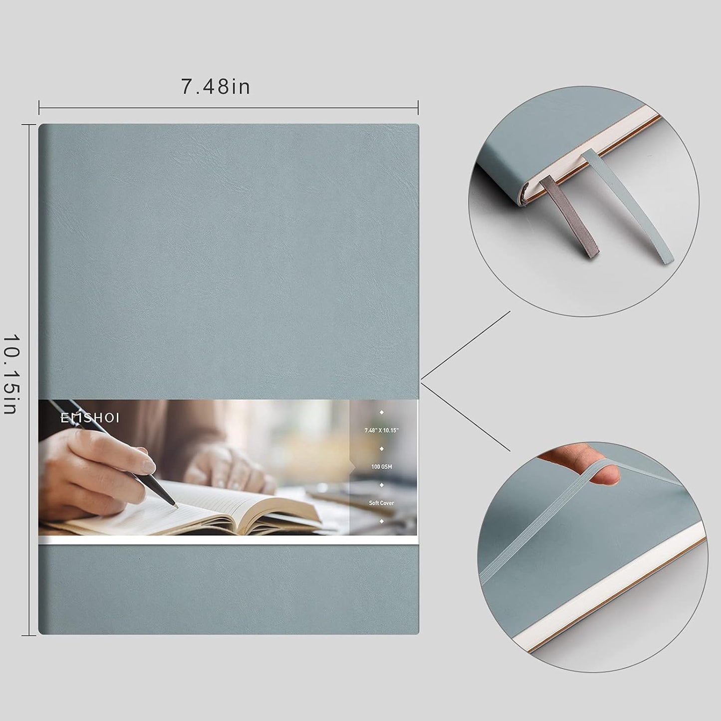 EMSHOI Dotted Journal Bullet Notebook, B5 Large Softcover Leather Journal, 192 Numbered Pages 100gsm Thick Dot Grid Notebook for Drawing Women Men Work School Supplies, 7.48"x10.15"-GrayBlue