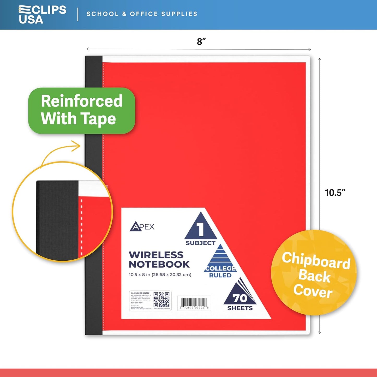 E-CLIPS USA Non Spiral Notebook, 1 Subject, College Ruled Notebook, Journal Notebook, Notebooks Bulk, School Supplies, Perforated Edges, 6 Colors, 70 Sheets (6, College Ruled)