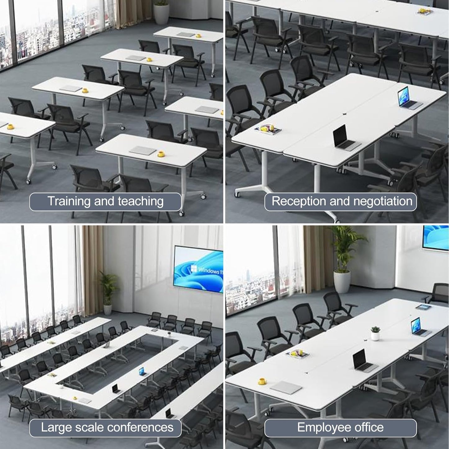 Folding Conference Room Table, Modern Mobile Training Table with Wheels, White Foldable Seminar Meeting Tables for Office Corporations(4pack 70.9in)