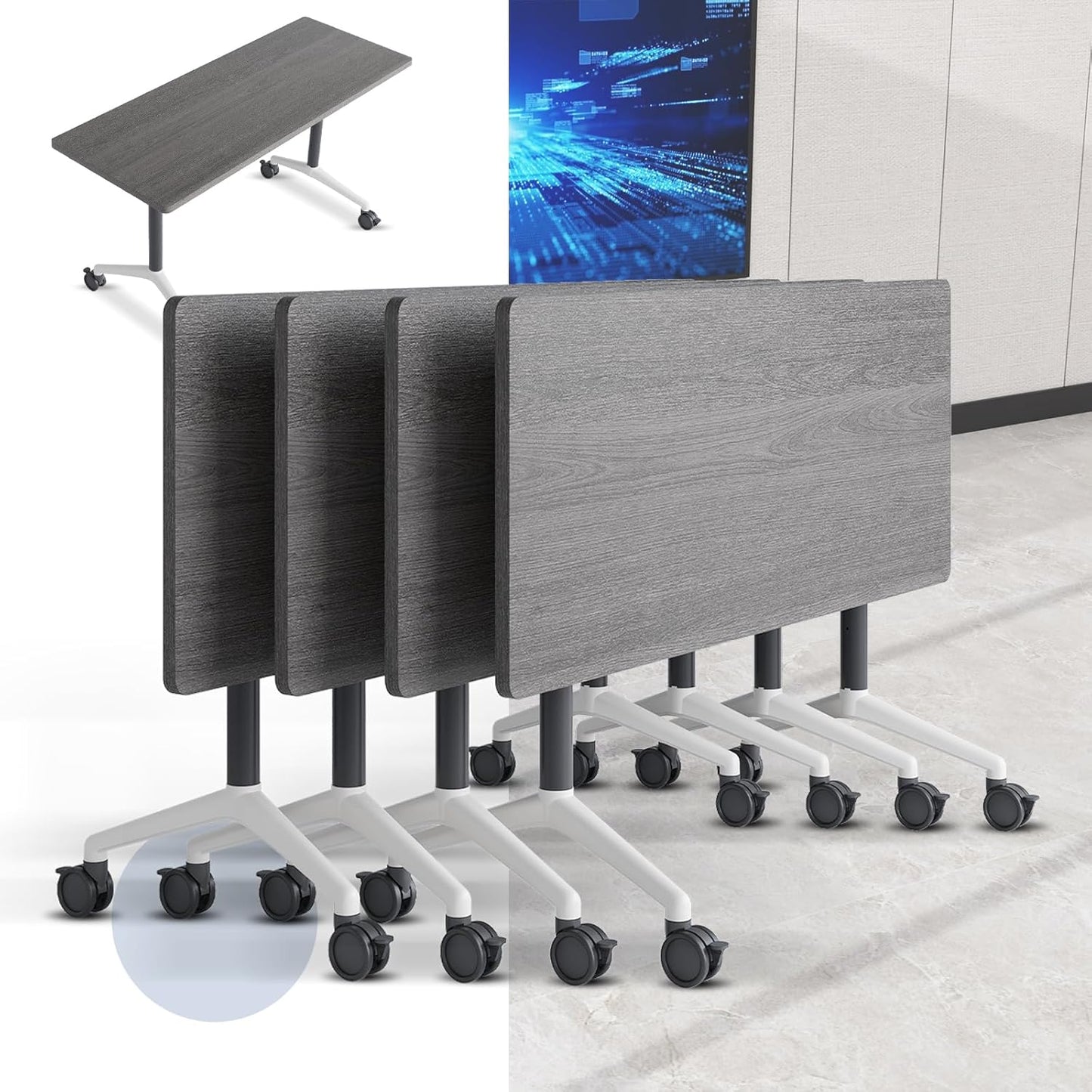 Folding Conference Table, Mobile Training Table for Office Conference, Modern Modular Rectangular Work Desk Meeting Seminar Work Tables with Caster Wheels, Large Breakroom Tables (4Pack L63in)