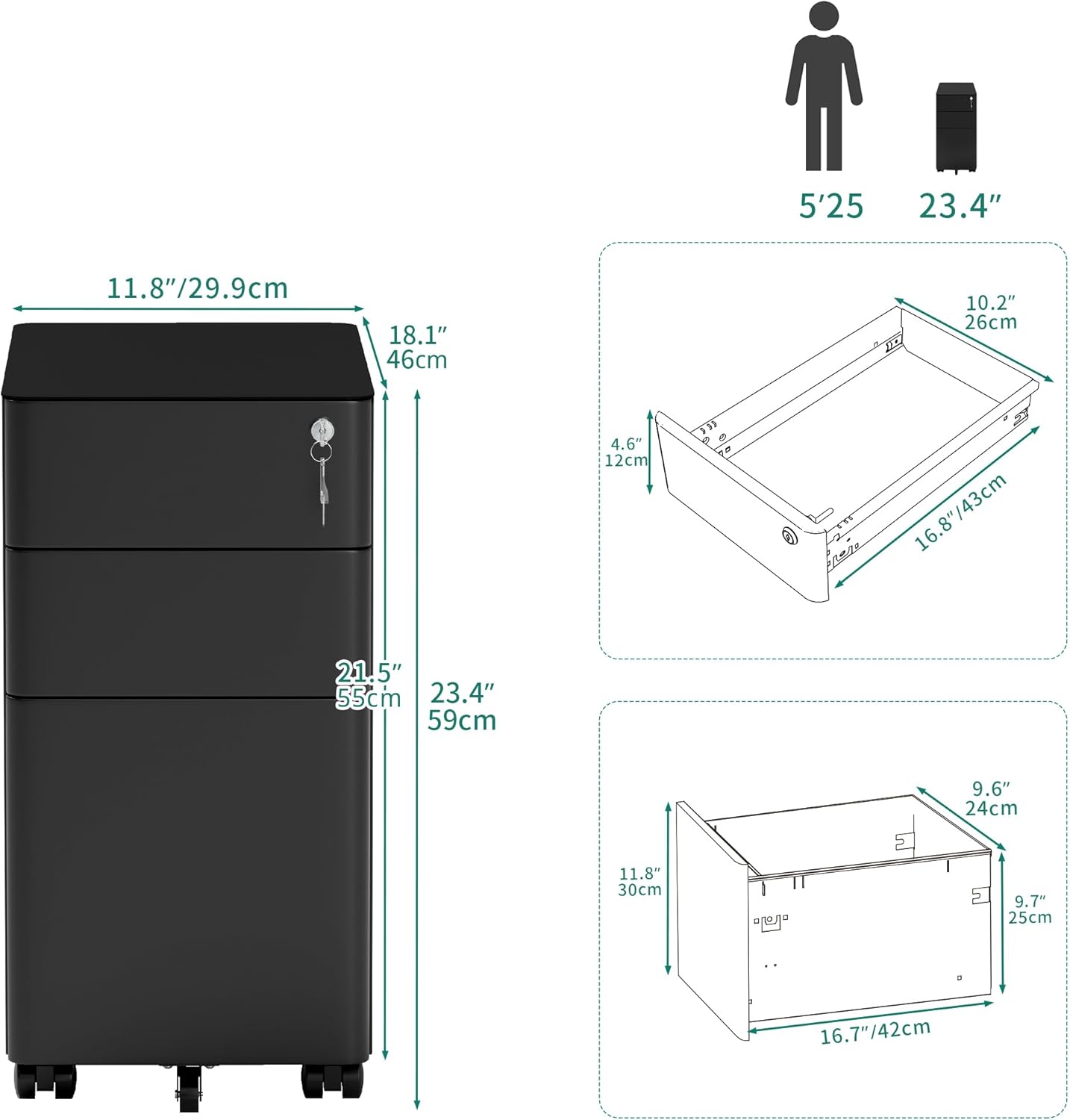 YITAHOME 3-Drawer File Cabinet, Lockable Mobile Filing Cabinet for A4/Letter/Legal Size Folder, Vertical File Cabinet for Home Office, Installed Except Casters, Black