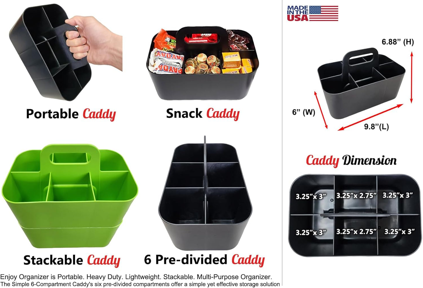 Small Stackable Plastic Caddy with Handle 6 Compartment | Desk, Makeup, Dorm Caddy, Classroom Art Organizers - 4 Pack, Made In USA (Black/Red/Blue/Green)
