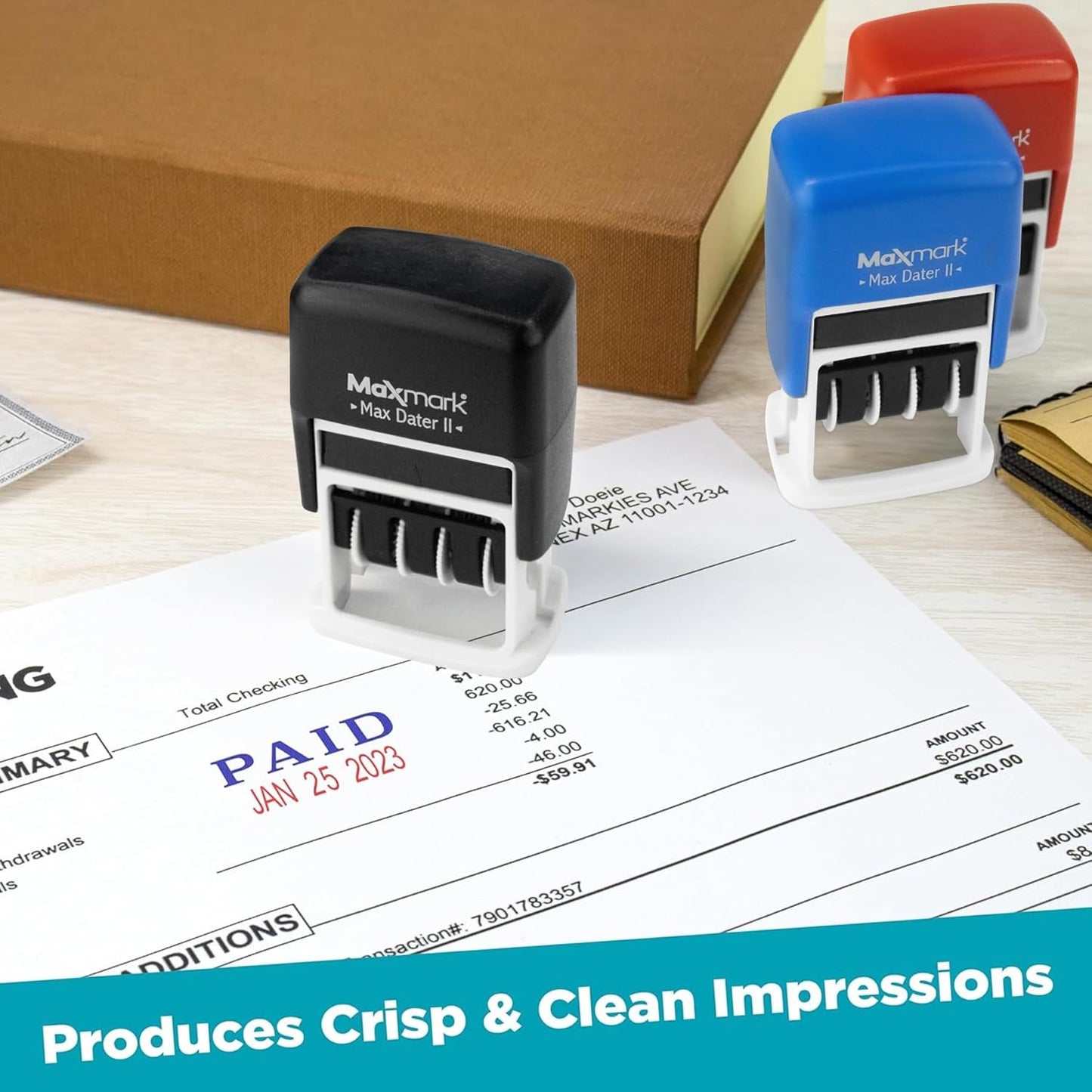 MaxMark Self-Inking Rubber Date Office Stamp with Denied Phrase Blue Ink & Date RED Ink (Max Dater)