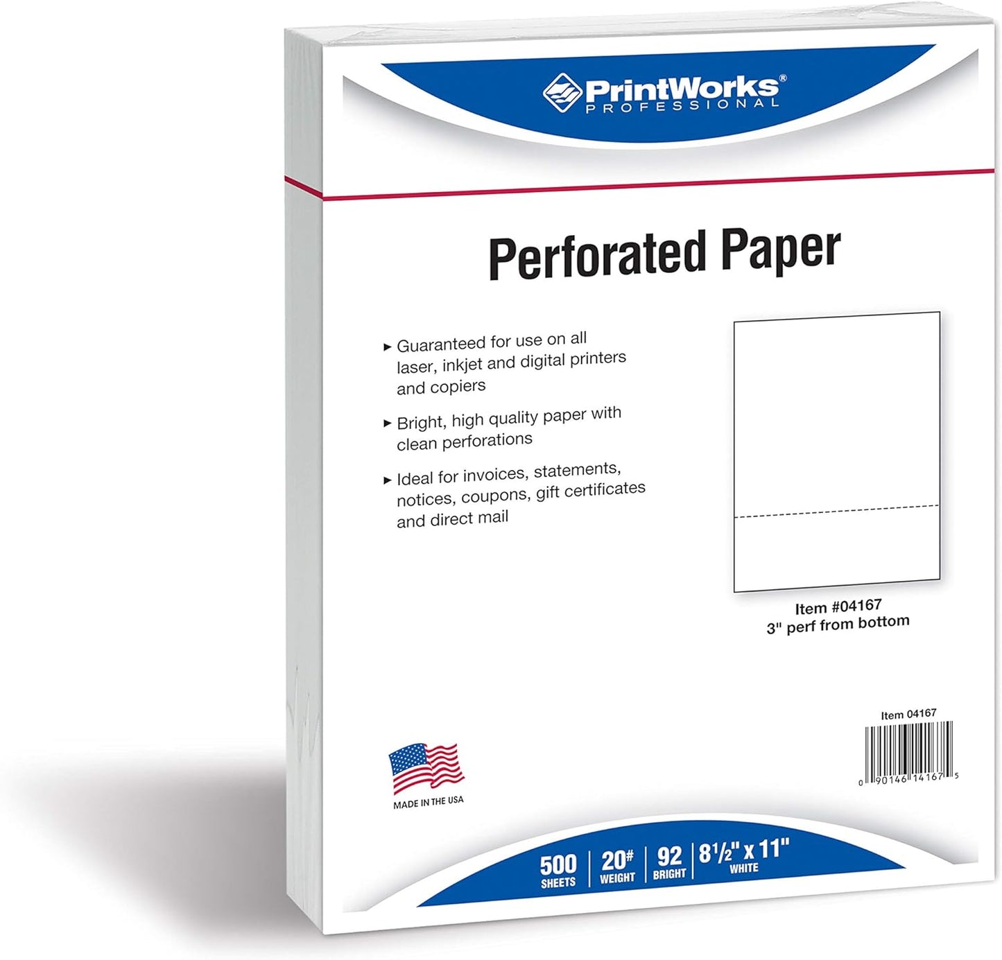 PrintWorks Professional 3" Horizontal Perforated Paper 8.5” x 11” - Perfect For W-2, 1099, & Statement Use - Made in the USA - 500 Sheets - 20 lb - Printer Compatible - White (04167)