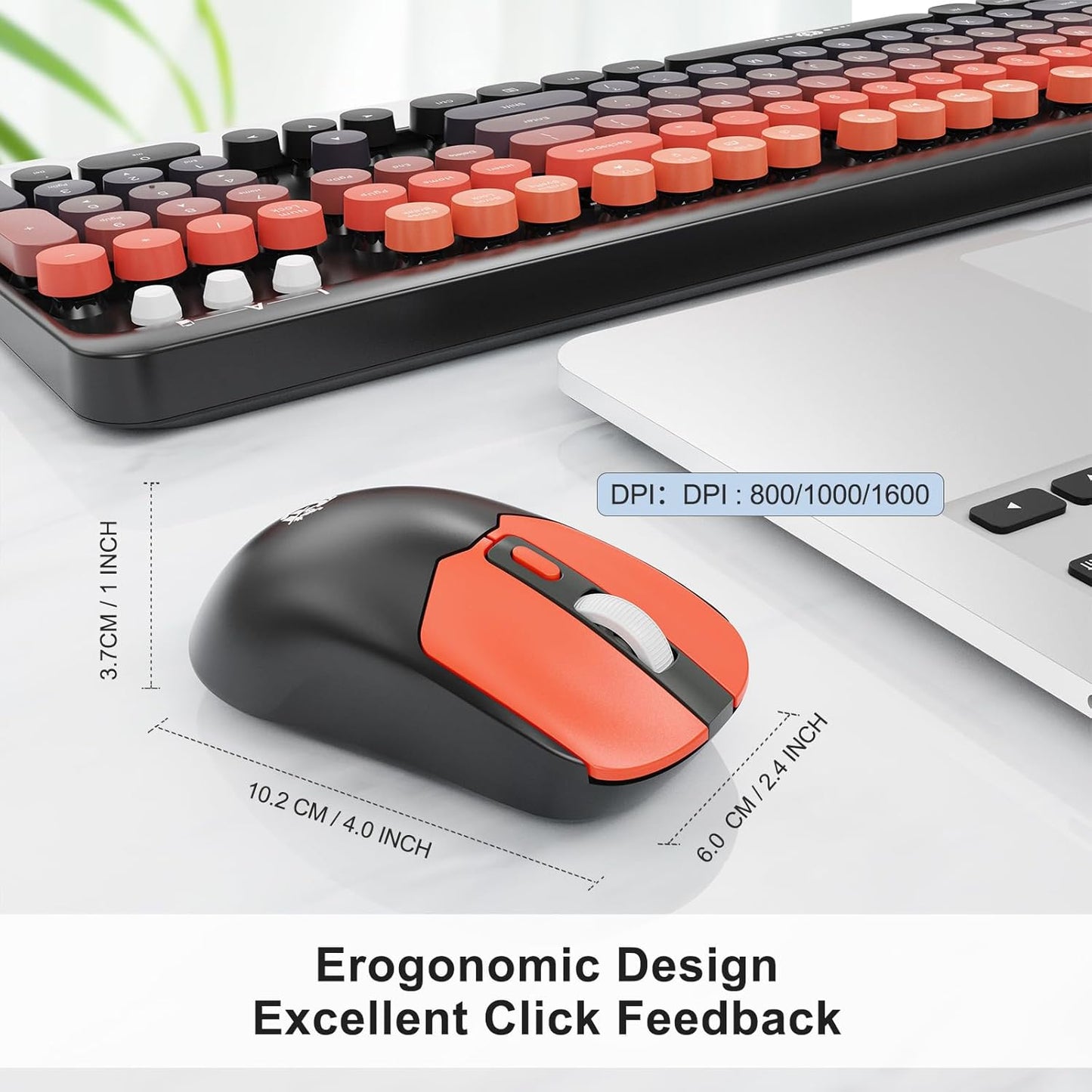 FOPETT Wireless Keyboard and Mouse Combo, 104 Keys Full-Sized 2.4 GHz Round Keycap Colorful Keyboards, USB Receiver Plug and Play, for Windows, Mac, PC, Laptop, Desktop (BlackOrange)