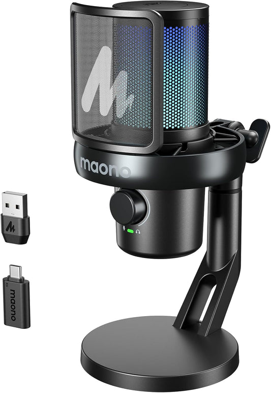 MAONO Wireless Gaming Microphone for PC, Condenser USB Mic with Software AI Voice Change,3-Level Noise Cancellation,Custom RGB, for Streaming Recording Podcast PS5 PS4 Twitch YouTube (DM40 Pro-Black)