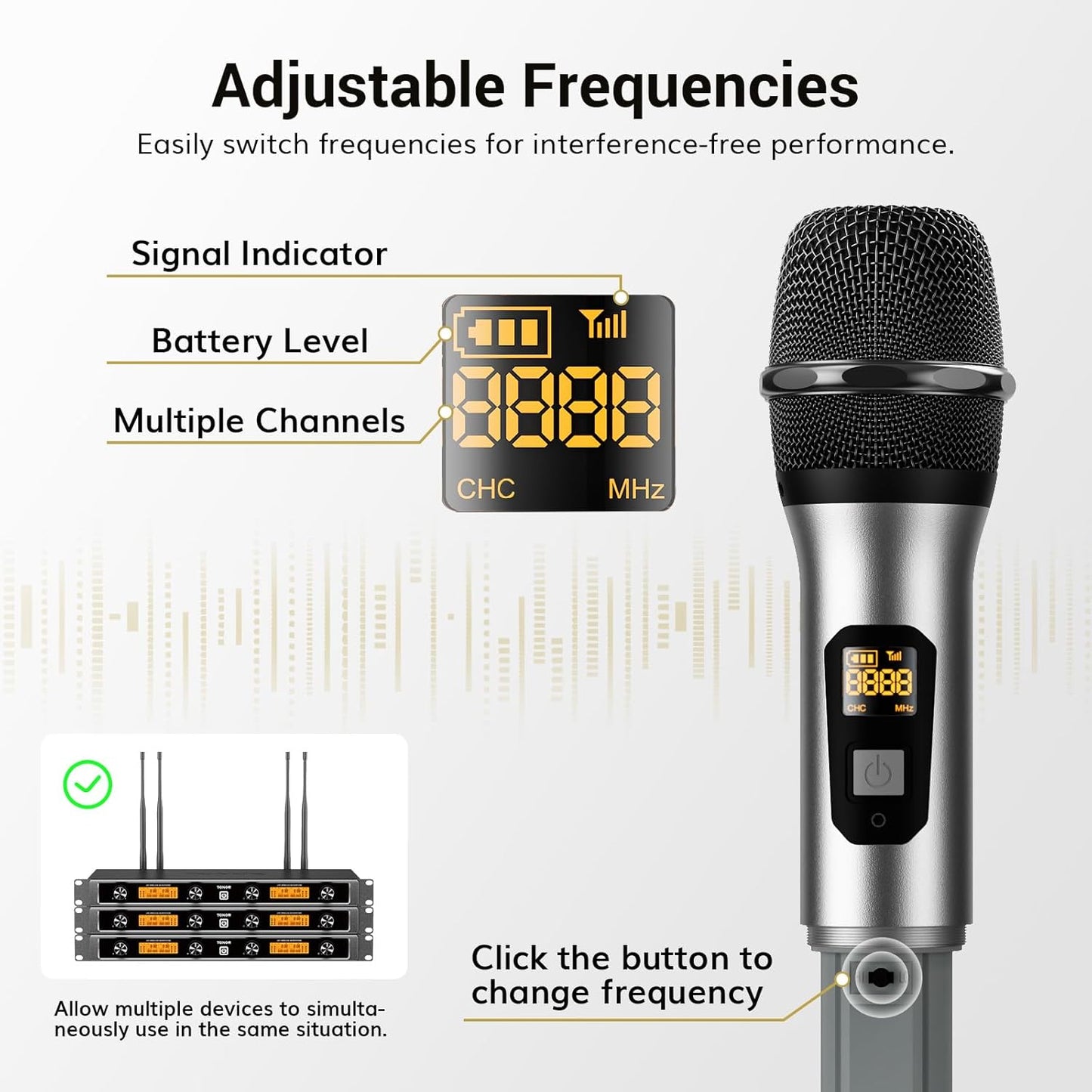 TONOR Wireless Microphones System with 4x10 Channels Metal Cordless Handheld Microfonos, 4 Antennas for 295FT UHF Range, Mics with Stable Signal Transmission for Singing Party Church Karaoke, Silver