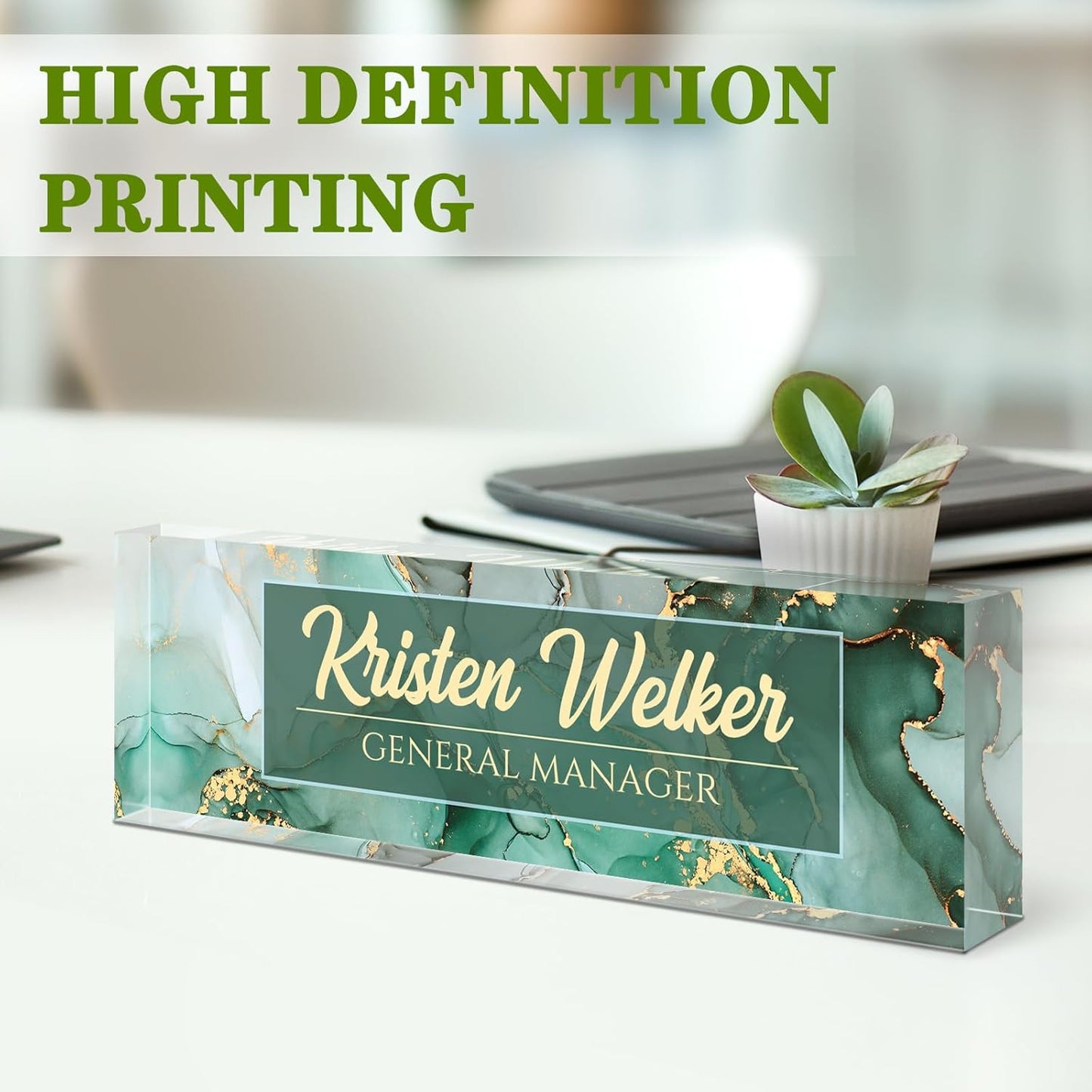 Name Plate for Desk, Desk Name Plate Personalized, Green Office Decor for Women Men, Acrylic Desktop Accessories, Office Gifts for Boss Nurse Teacher Coworker, Employee Appreciation Gift (Green Coast)