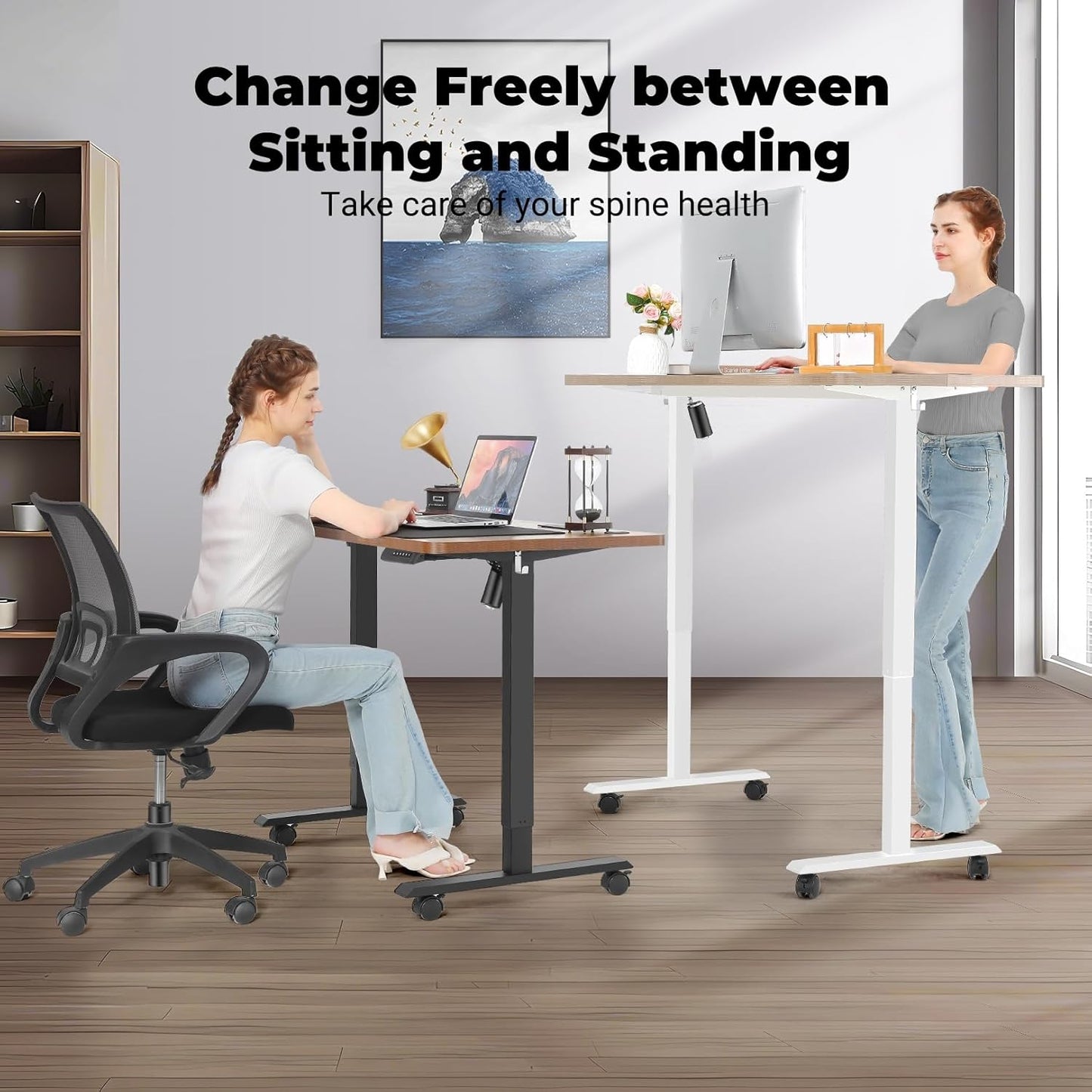 Electric Standing Desk 55 x 24 Inches Adjustable Height Ergonomic Sit Stand Up Desk Curved for Home Office Computer Workstation with 2 USB Ports 3 Power Outlets Memory Preset Wheels, White