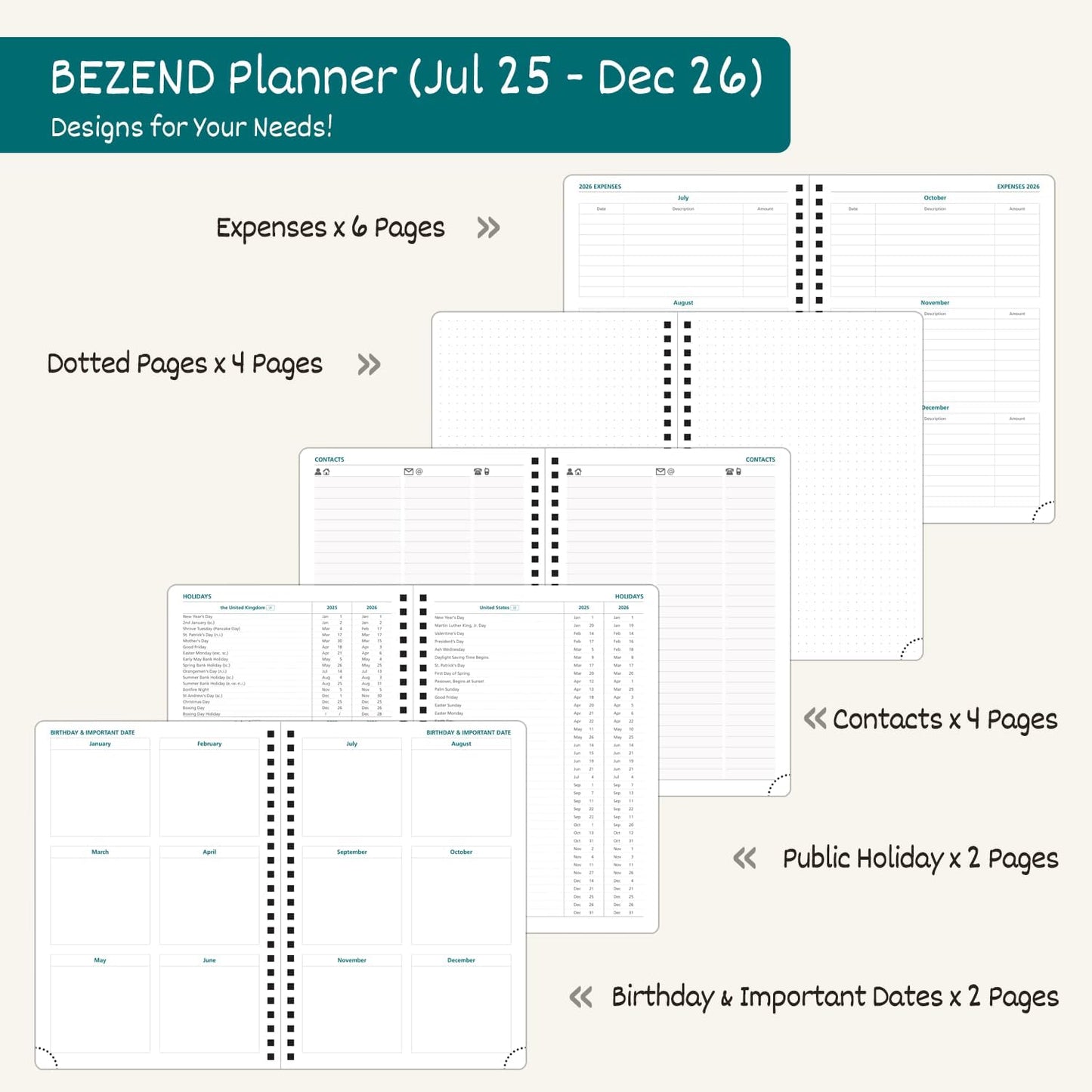 BEZEND Weekly Planner 2025-2026 with 2 Columns, 5.8" x 8.5" Academic Calendar 18 Months (Jul 25-Dec 26) Life Work Appointment Book with Monthly Tab, PU Leather Softcover Spiral - Dutch Blue