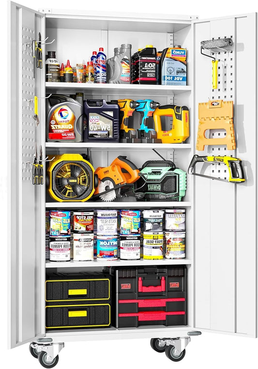 INTERGREAT Metal Garage Storage Cabinet, Lockable Rolling Tool Cabinets with Pegboard and Shelves, 72" Tall Heavy-Duty File Cabinet with Wheels for Garage, Basement, Warehouse, White