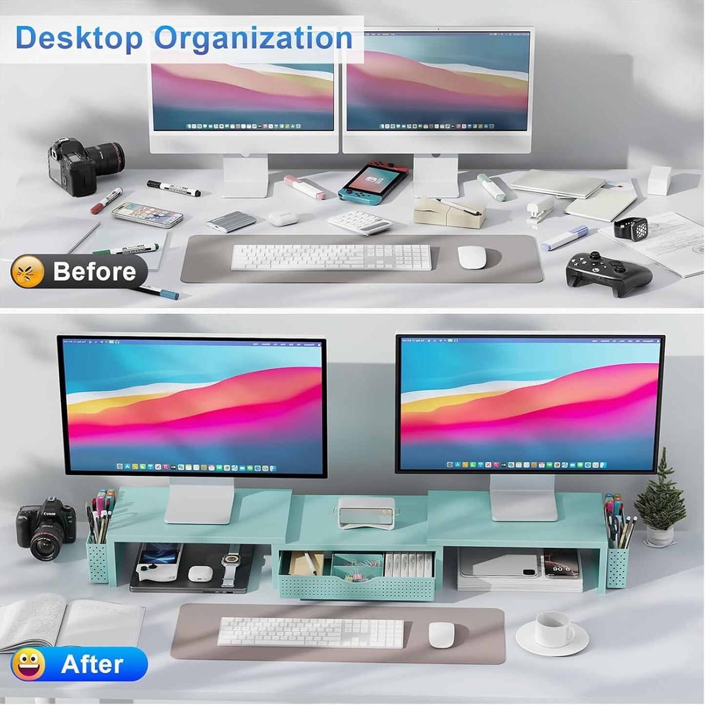 gianotter Dual Monitor Stand Riser, Desk Organizer With Drawer and 2 Pen Holders, Monitor Stand for Desk, Office Decor Essentials (Blue)