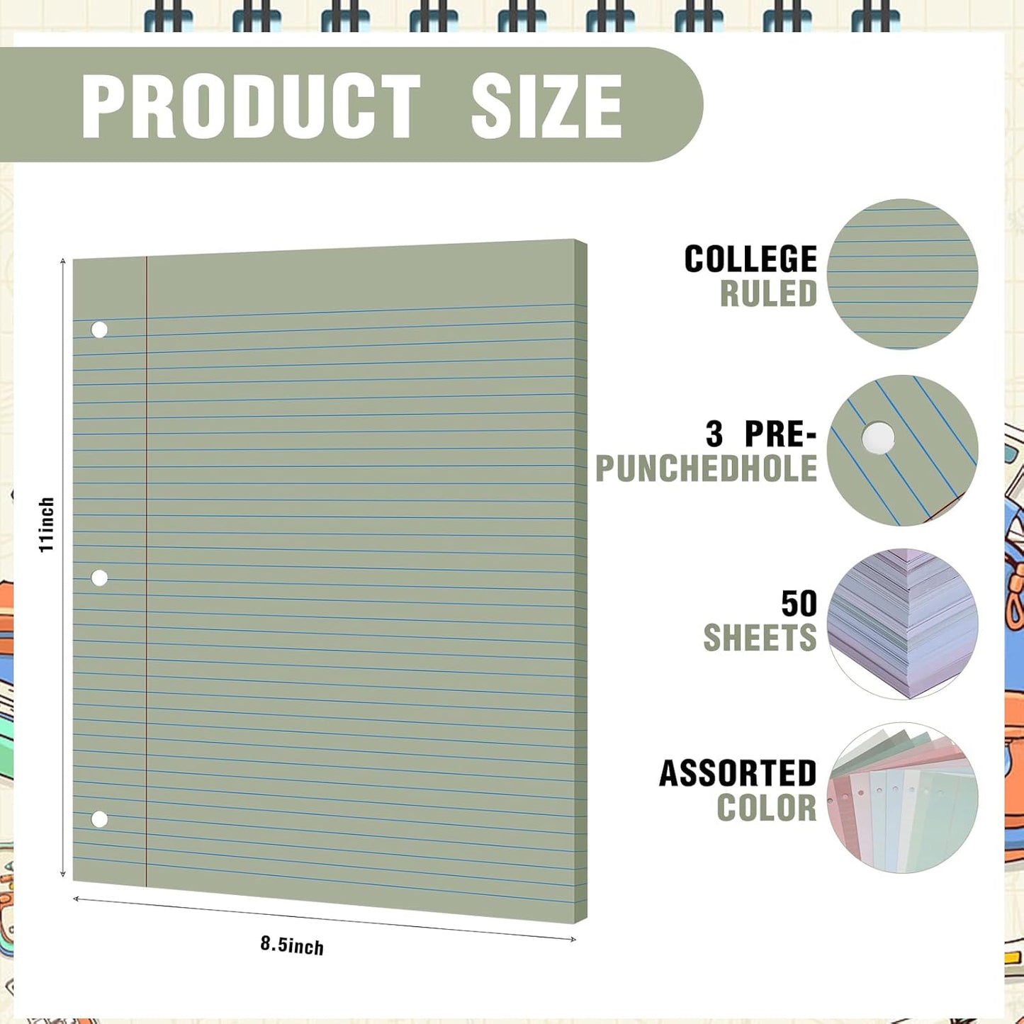 PerKoop 600 Sheets Colored Loose Leaf Paper 8.5" x 11" college ruled Lined 3 Hole Punched notebook Filler Paper for 3 Ring Binders Office School Supplies (Morandi Colors)