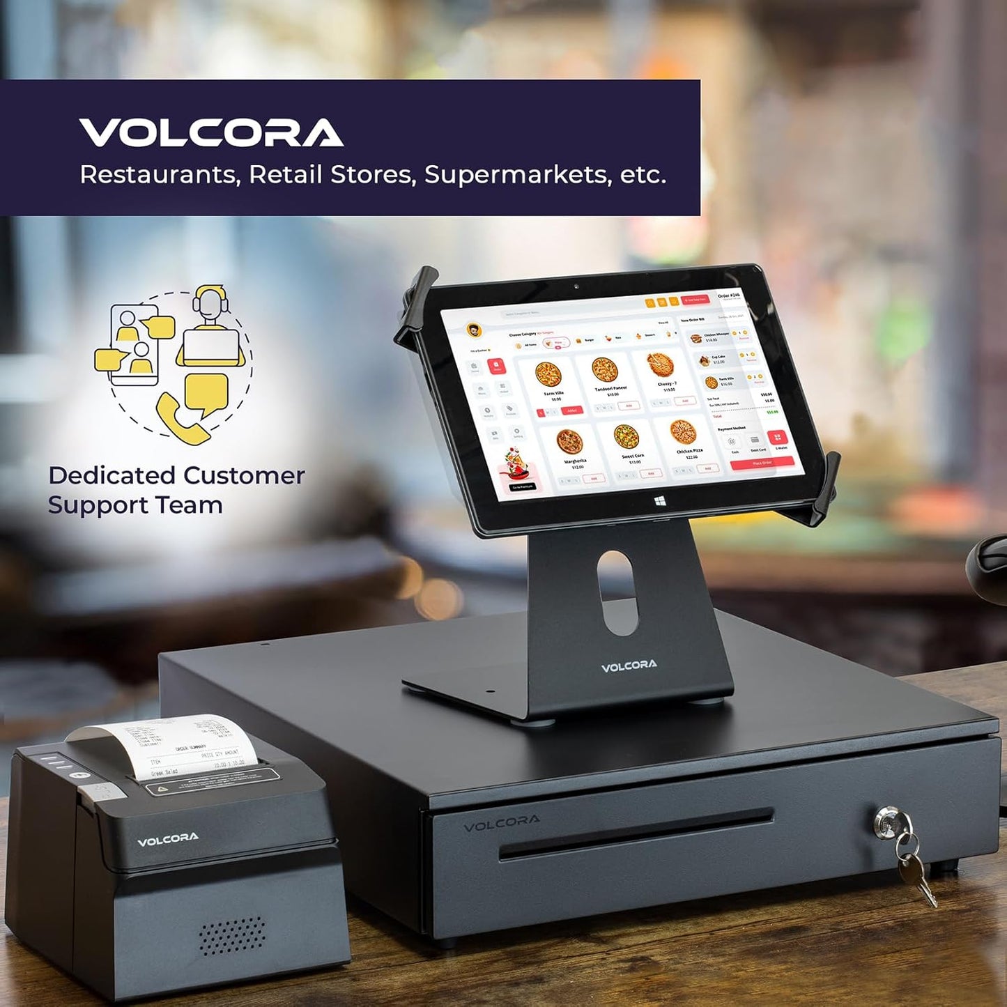 Volcora Cash Register Drawer for Point of Sale (POS) System, 5 Bill/7 Coin, 16" with Adjustable Coin Slots, 24V, RJ11/RJ12 Key-Lock, Media Slot, Black