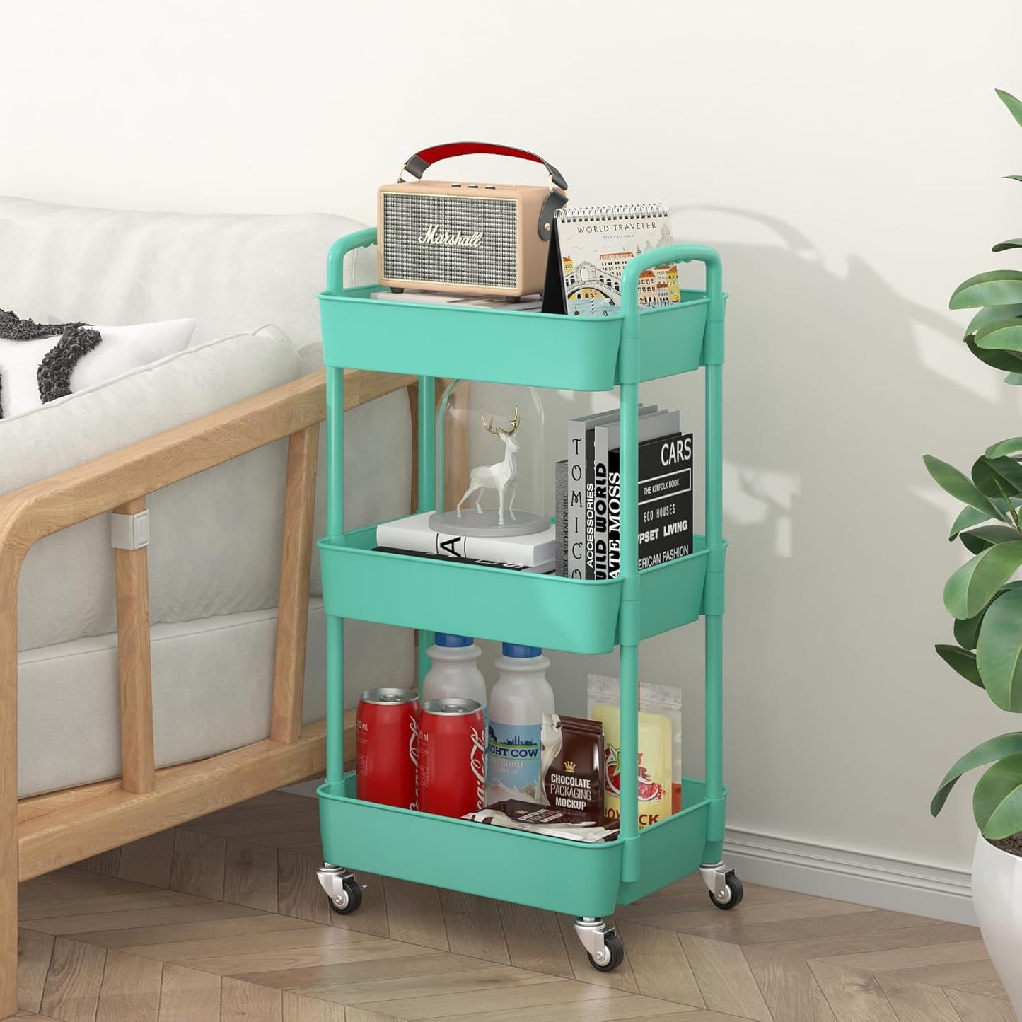 Sywhitta 3-Tier Plastic Rolling Utility Cart with Handle, Multi-Functional Storage Trolley for Office, Living Room, Kitchen, Movable Storage Organizer with Wheels, Green