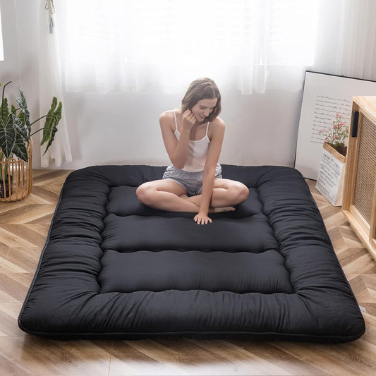 MAXYOYO Japanese Floor Mattress Futon Mattress, 4" Thicken Tatami Mat Sleeping Pad Foldable Roll Up Mat Boys Girls Dormitory Pad Kids Floor Lounger Pillow Bed, Black, Twin Size