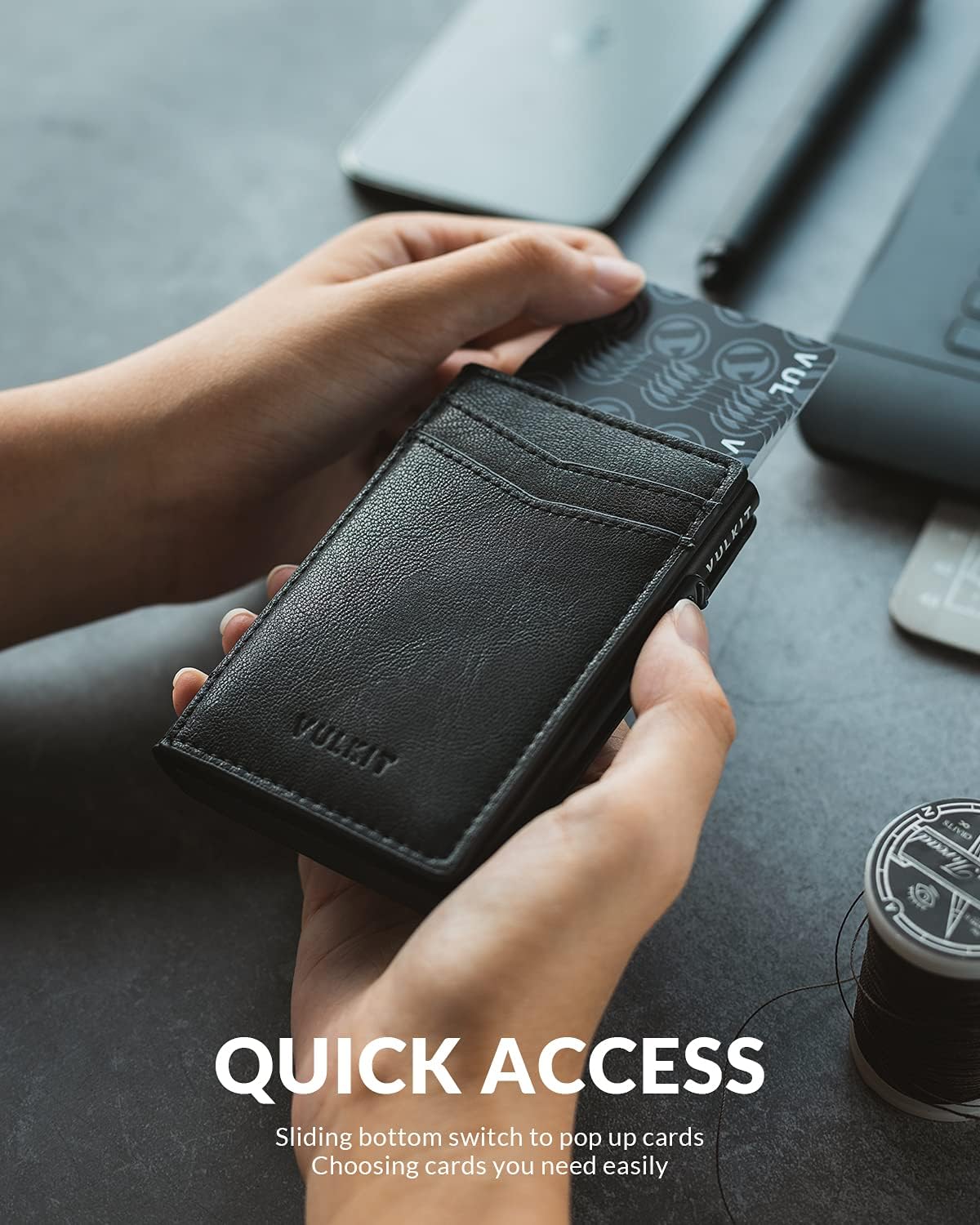 VULKIT Men's Slim Wallet Pop Up Card Holder RFID Blocking Metal Wallet Minimalist Design Holds Up to 11 Cards