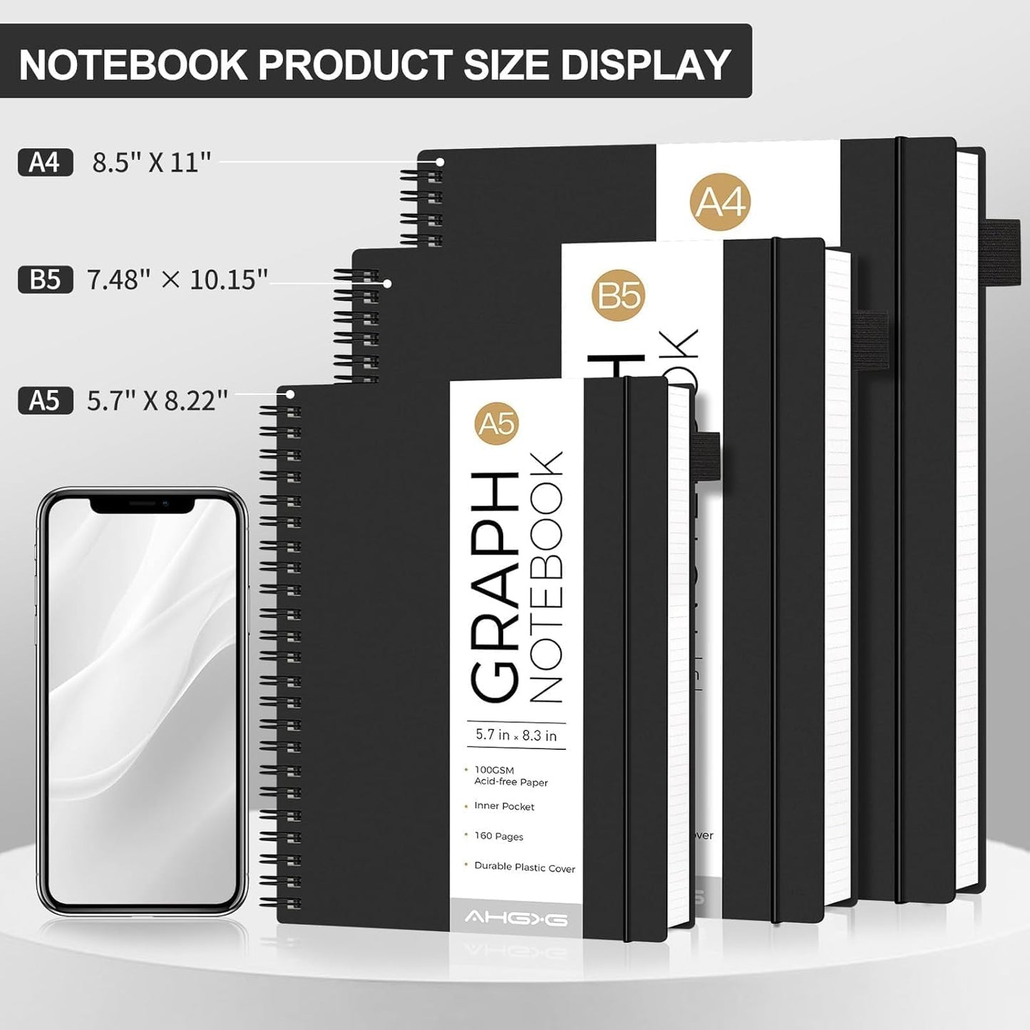 AHGXG Graph Paper Notebook - Spiral Notebook 8.5" x 11", A4 Large Graph Notebook, 100 gsm Thick Grid Paper, Waterproof Plastic Cover Journals for School Writing Engineering Math, Black