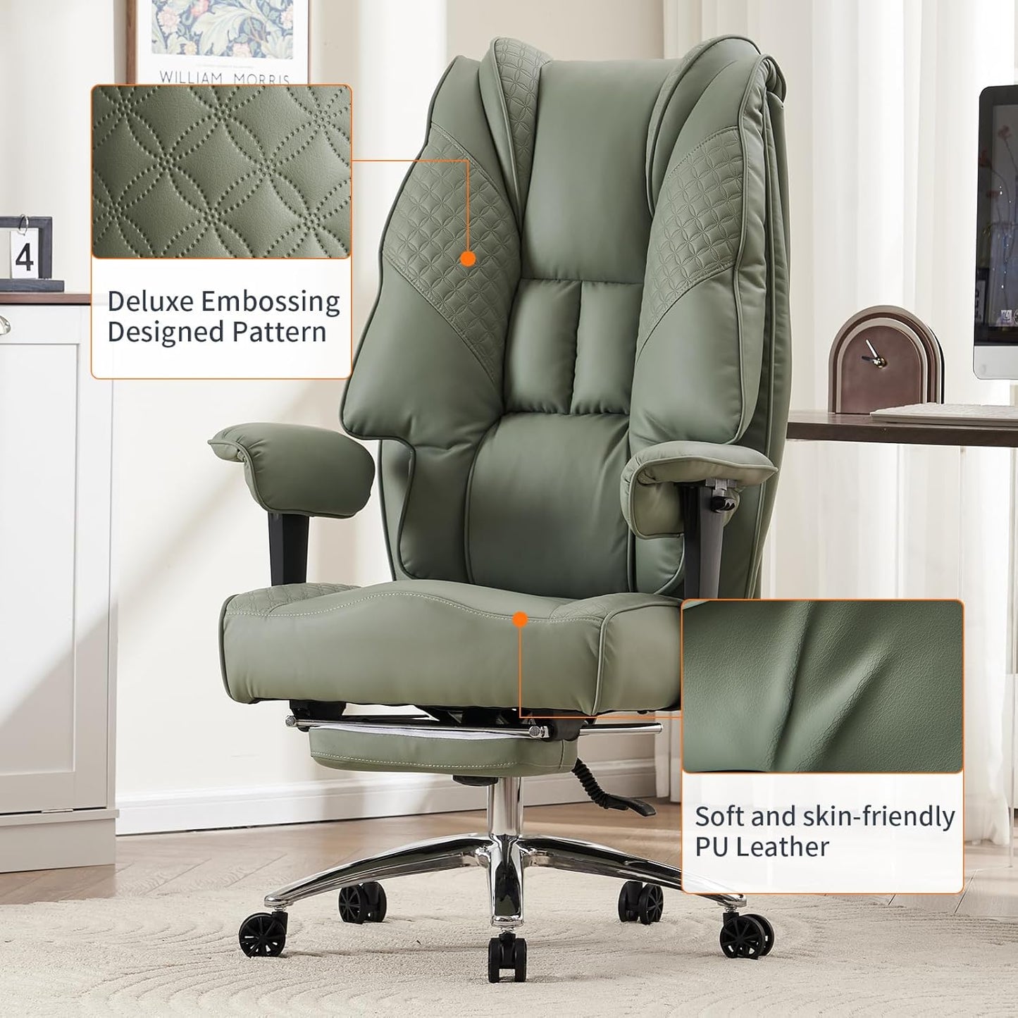 Big and Tall Office Chair 400lbs Wide Seat, Leather High Back Executive Office Chair with Foot Rest, Ergonomic Chairs Lumbar Support for Lower Back Pain Relief (Light Green)
