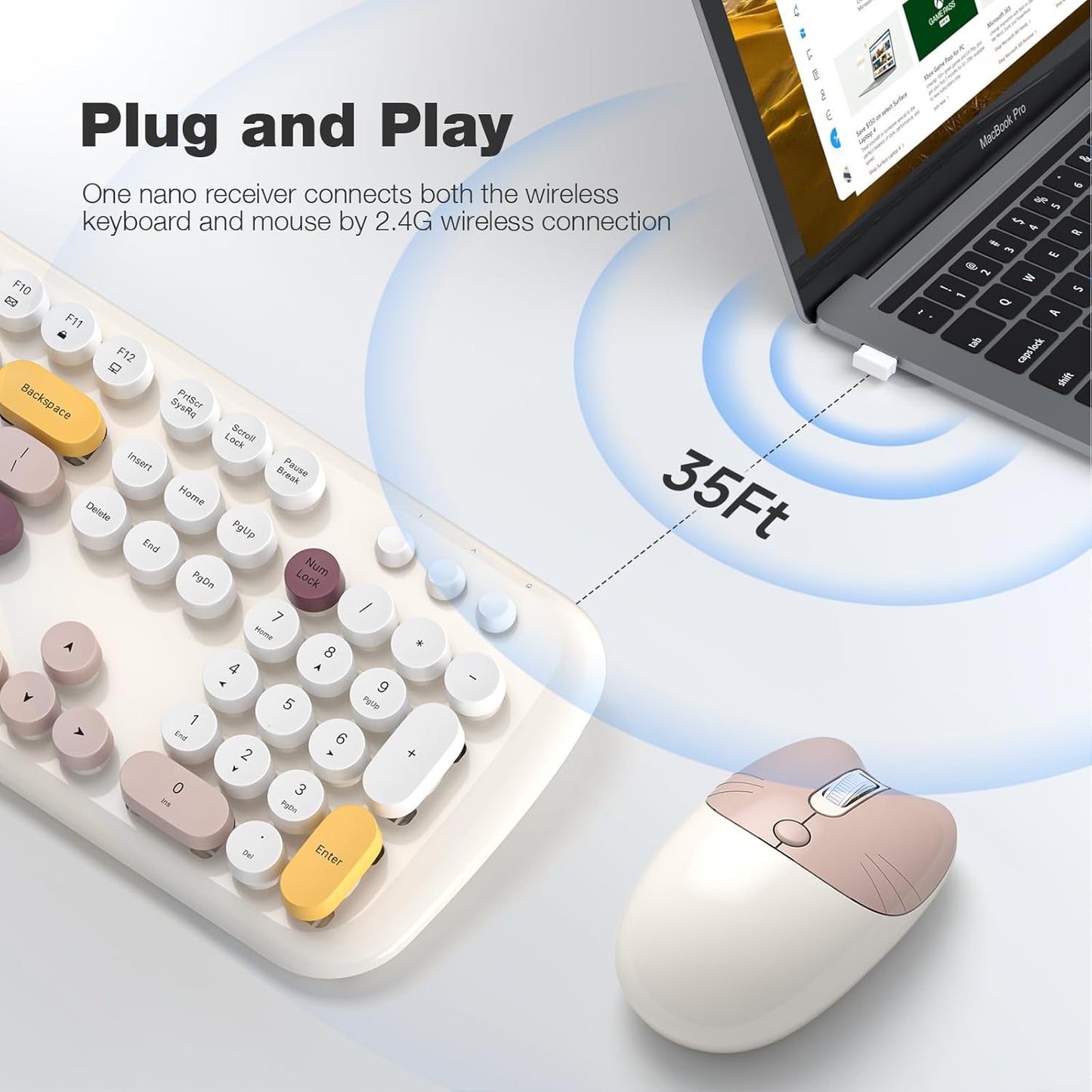 MOFII Wireless Keyboard and Mouse Combo, Full-Sized Colorful Typewriter Keyboard with Round Keycaps, 2.4G Cute Mouse Compatible with PC/Laptop/Computer (Milk White Color)