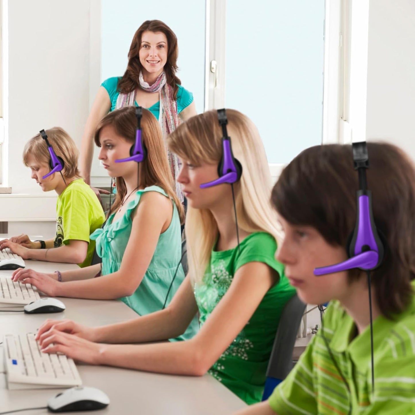 Yunsailing 20 Pack Bulk Classroom Headphones with Microphone Students Wired School Class Set Headphones for School Library Computer Office Adults 3.5 Jack Universal Plug (Purple)